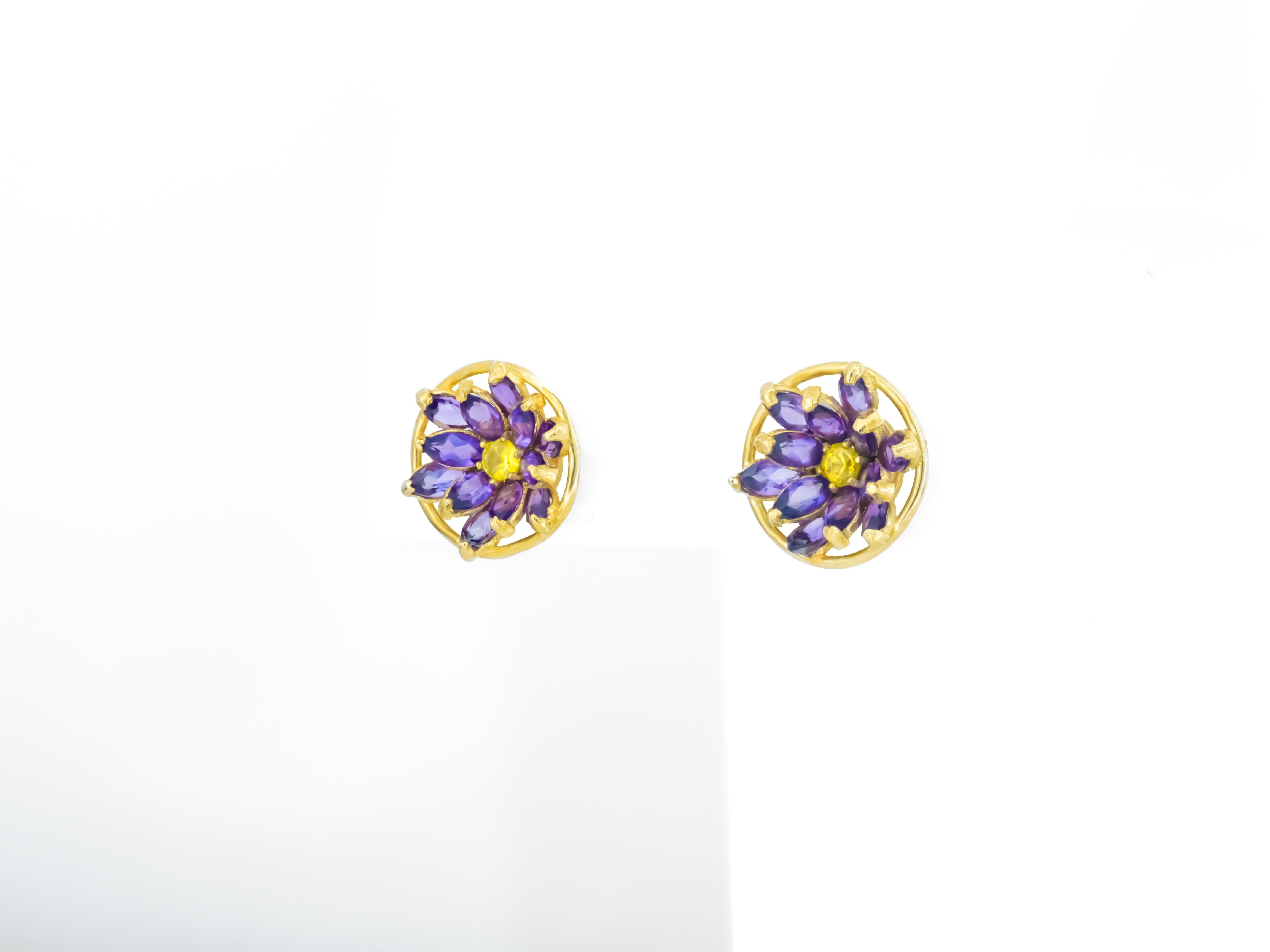 Lotus Flower Earrings Studs in 14k Gold, Amethyst and Sapphires Earrings For Sale 4