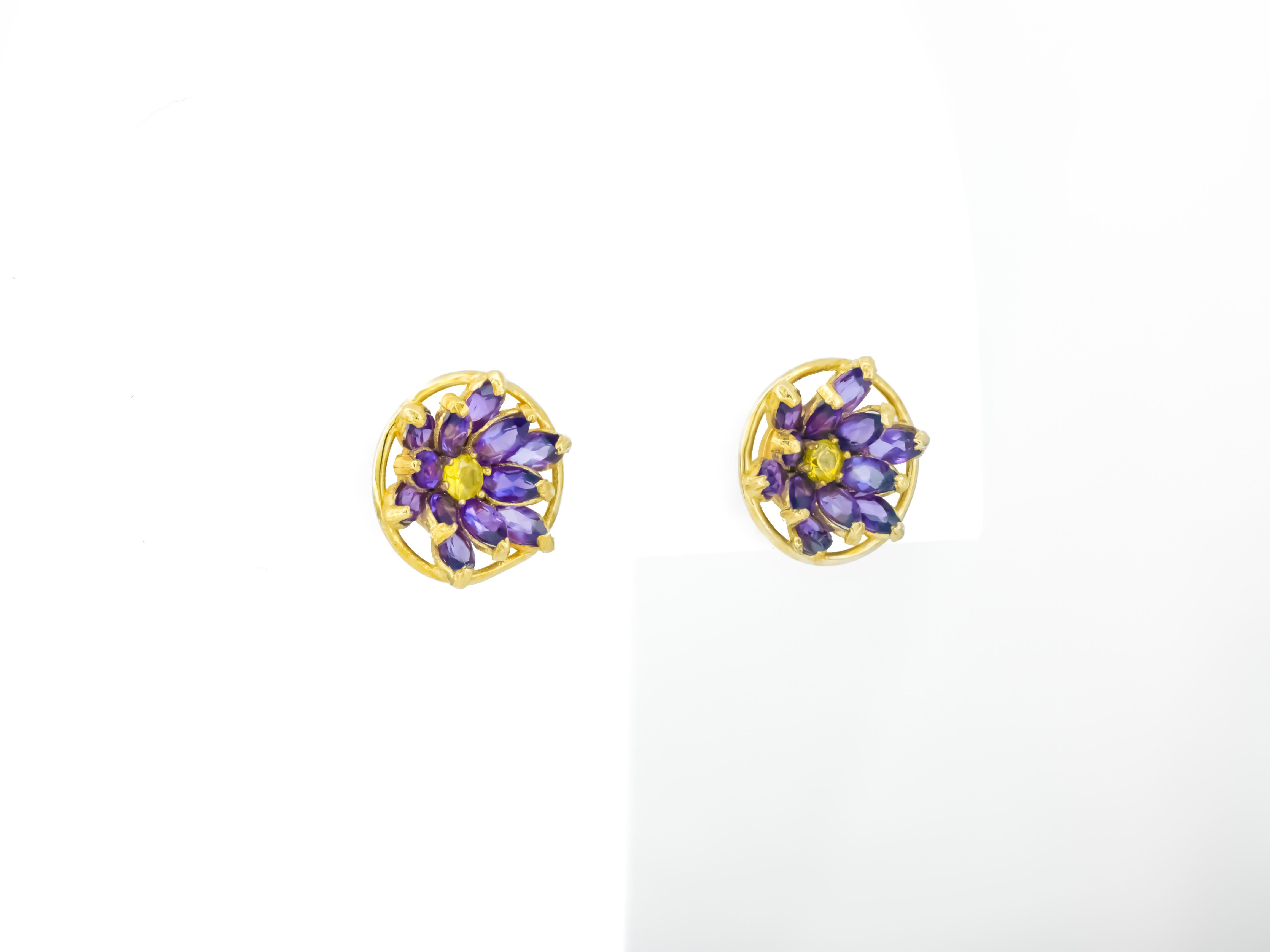 Lotus Flower Earrings Studs in 14k Gold, Amethyst and Sapphires Earrings For Sale 5