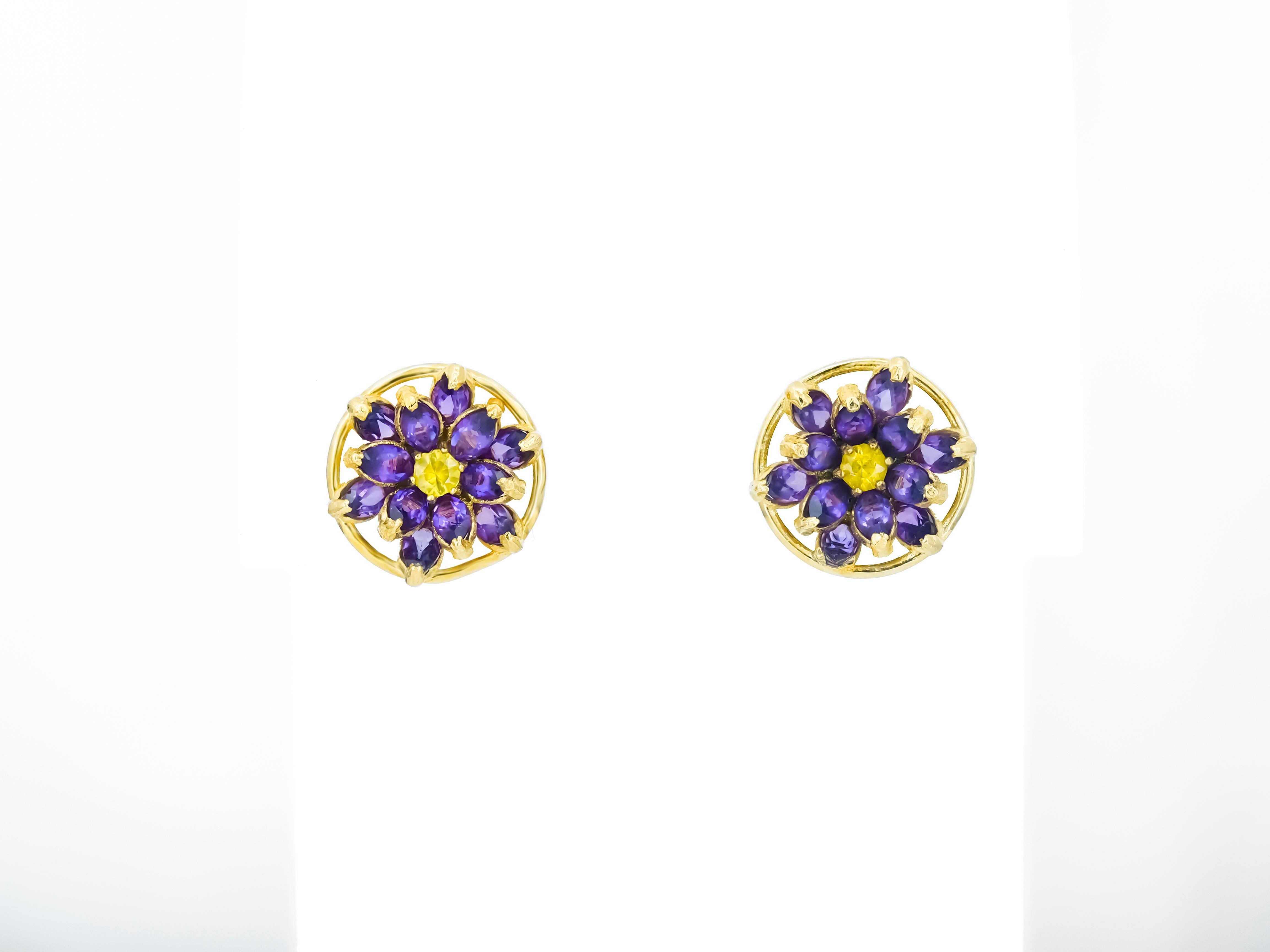 Lotus Flower Earrings Studs in 14k Gold, Amethyst and Sapphires Earrings For Sale 6