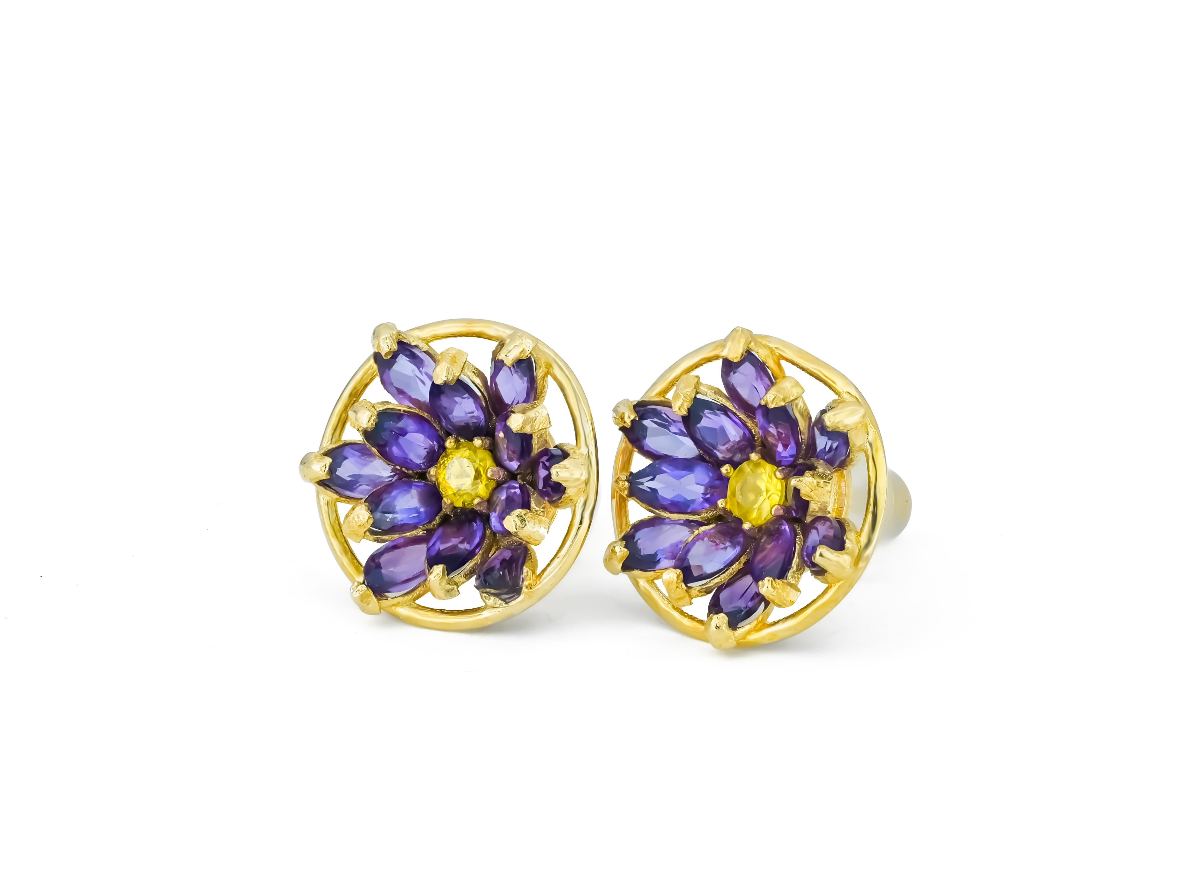 Lotus Flower Earrings Studs in 14K Gold, Amethyst and Sapphires Earrings! For Sale 5