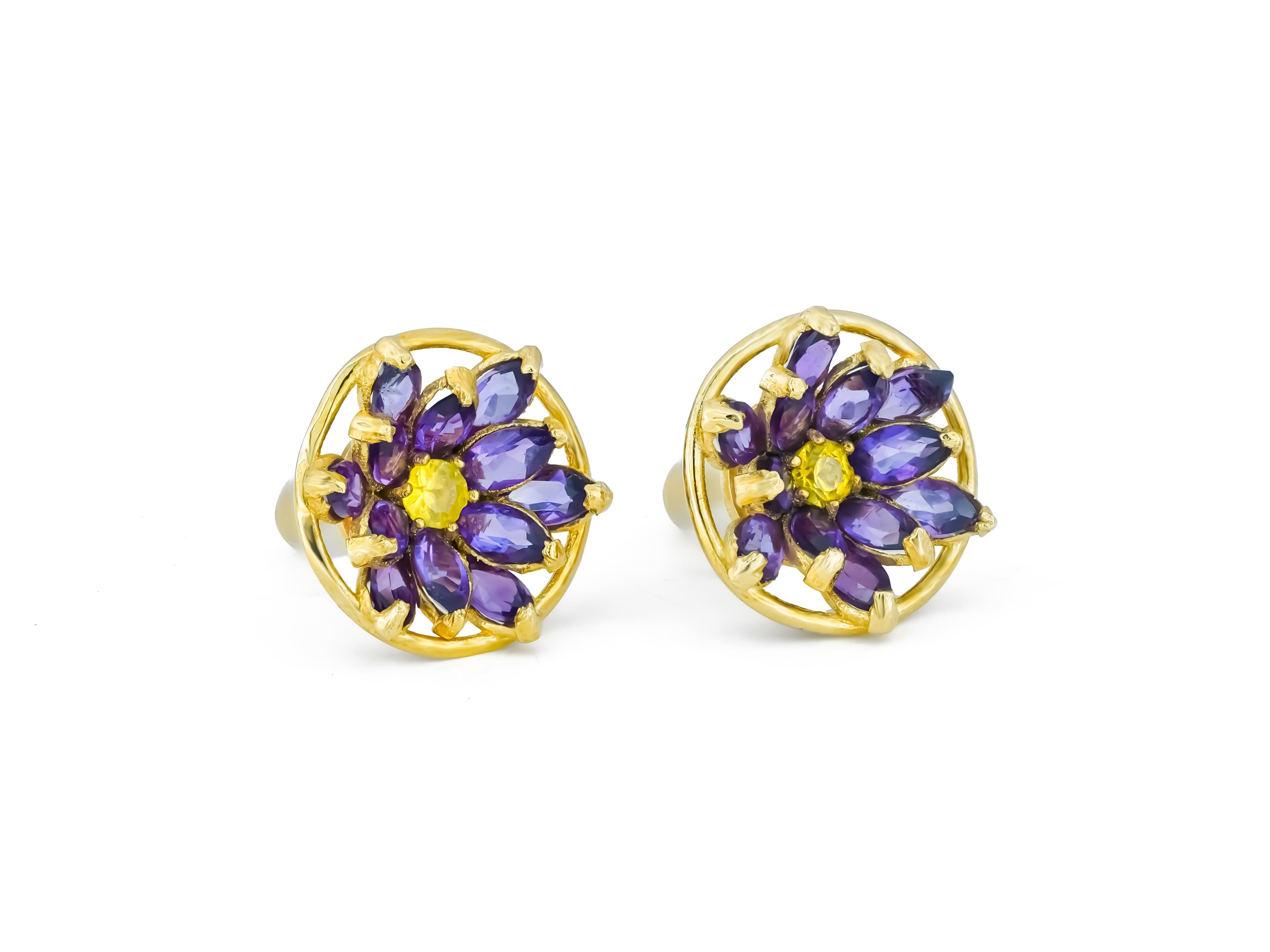 Lotus Flower Earrings Studs in 14K Gold, Amethyst and Sapphires Earrings! For Sale 6