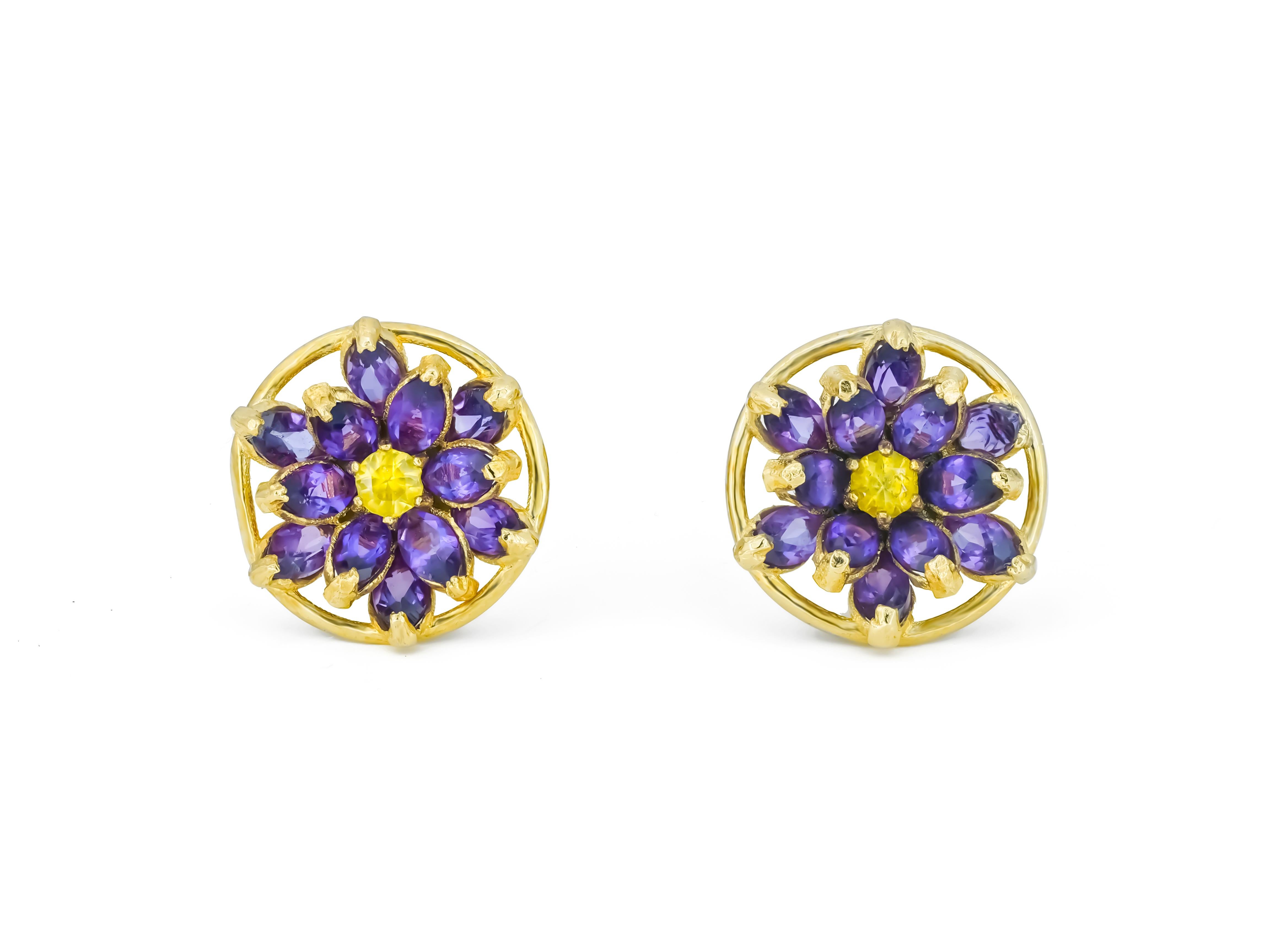 Lotus Flower Earrings Studs in 14K Gold, Amethyst and Sapphires Earrings! For Sale 7
