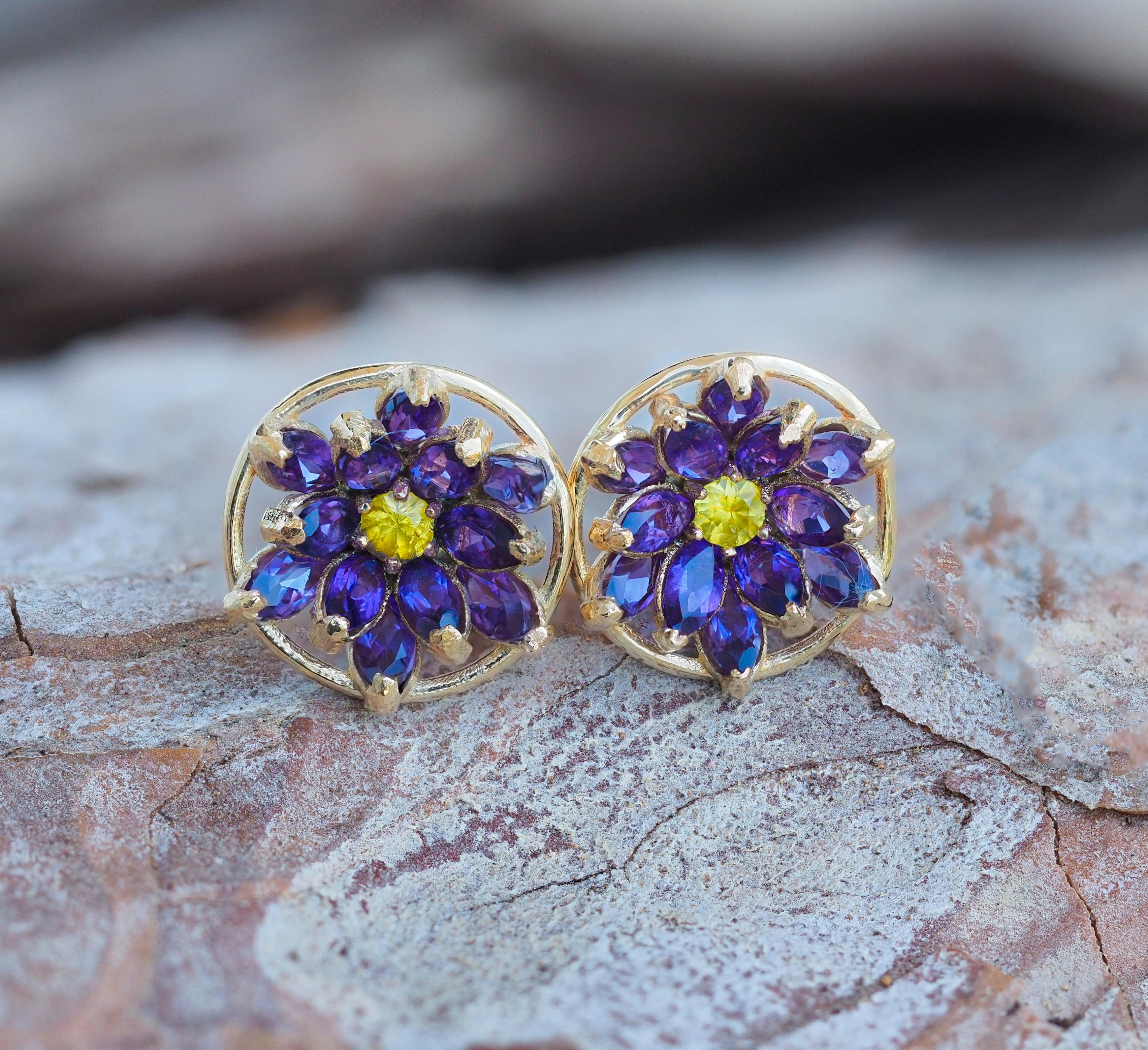 Modern Lotus Flower Earrings Studs in 14k Gold, Amethyst and Sapphires Earrings For Sale