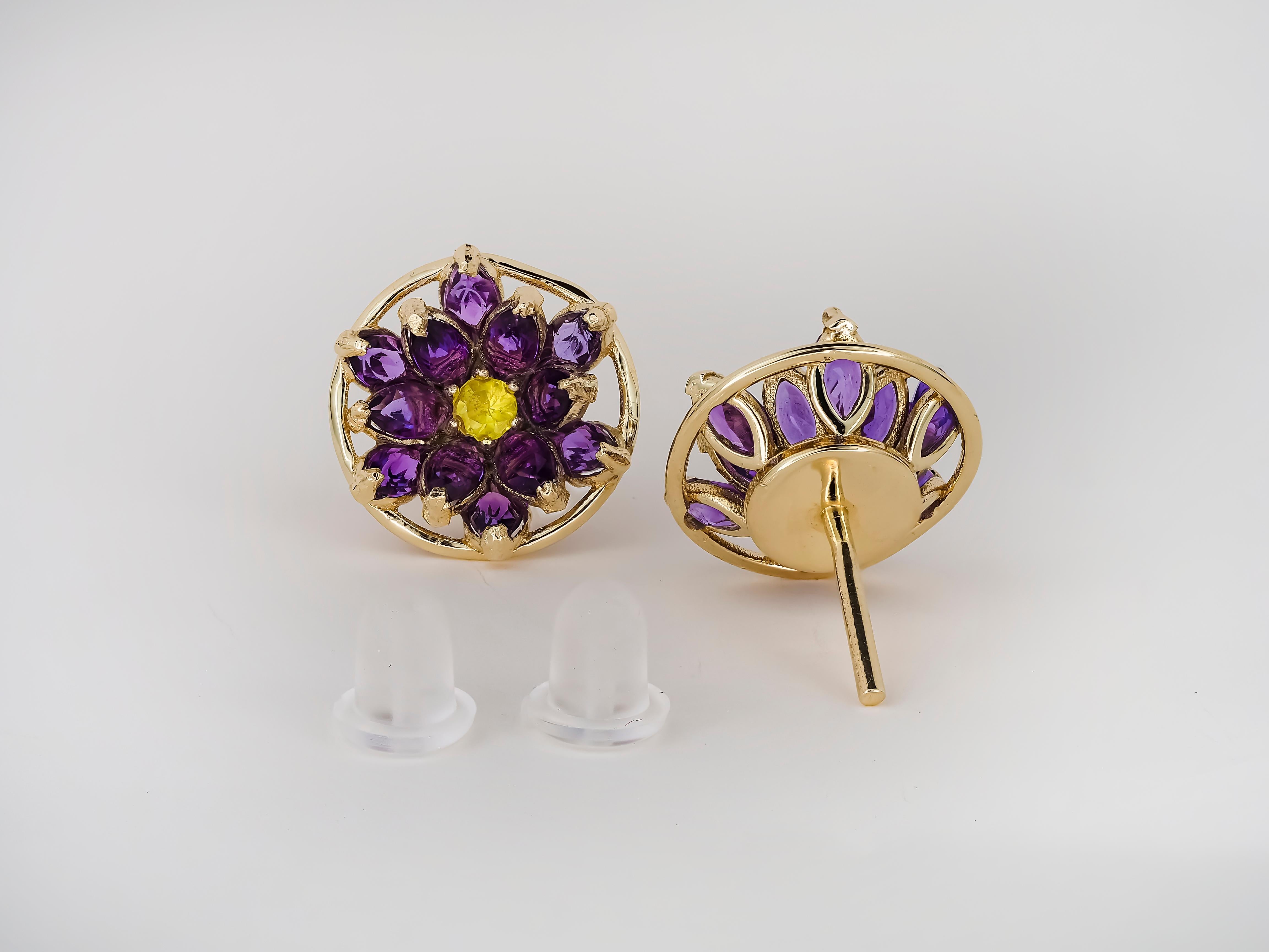 Lotus Flower Earrings Studs in 14k Gold, Amethyst and Sapphires Earrings In New Condition For Sale In Istanbul, TR