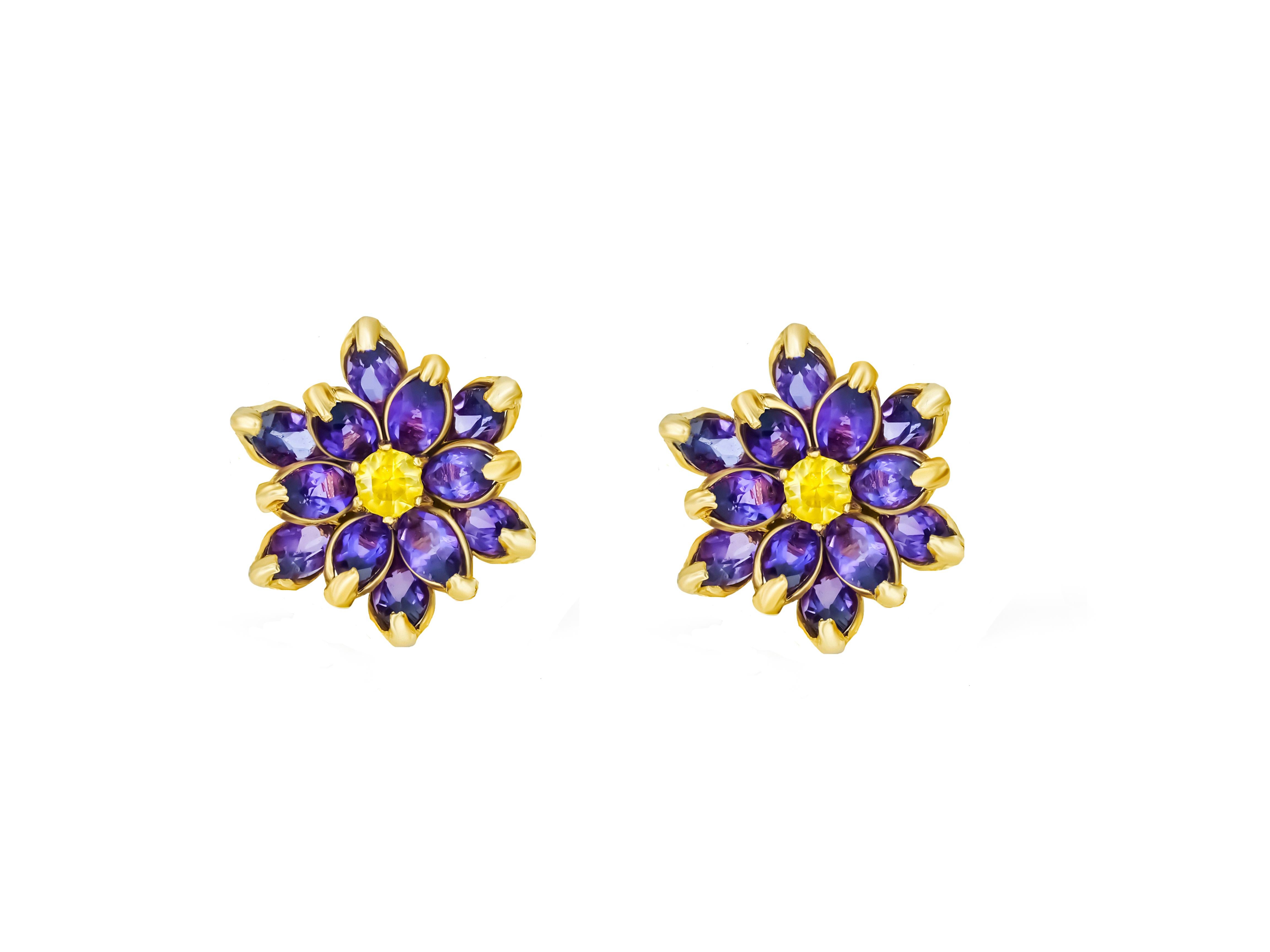 Modern Lotus Flower Earrings Studs in 14K Gold, Amethyst and Sapphires Earrings! For Sale