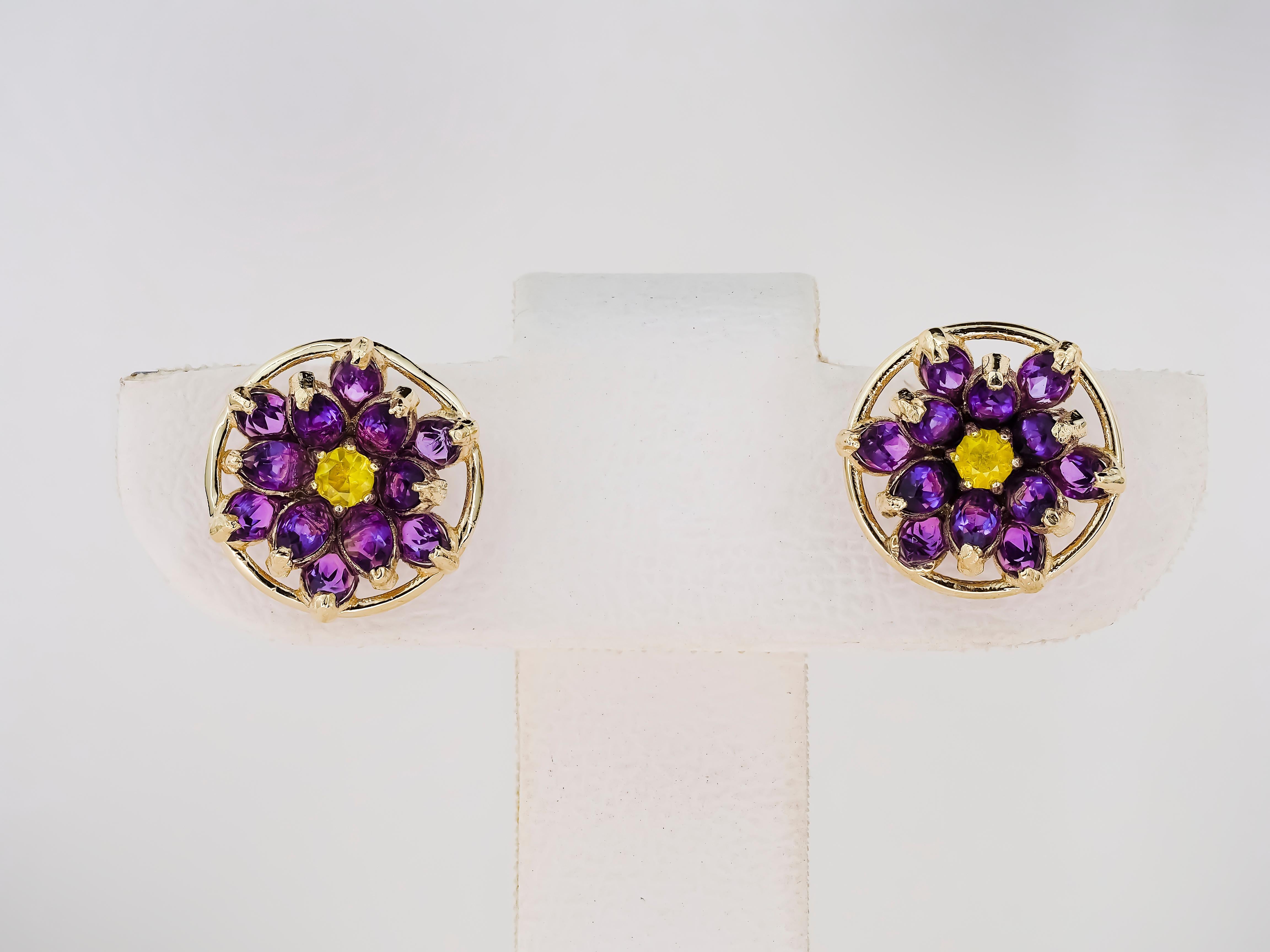 Modern Lotus Flower Earrings Studs in 14k Gold, Amethyst and Sapphires Earrings For Sale
