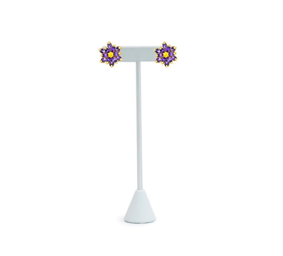 Marquise Cut Lotus Flower Earrings Studs in 14K Gold, Amethyst and Sapphires Earrings! For Sale