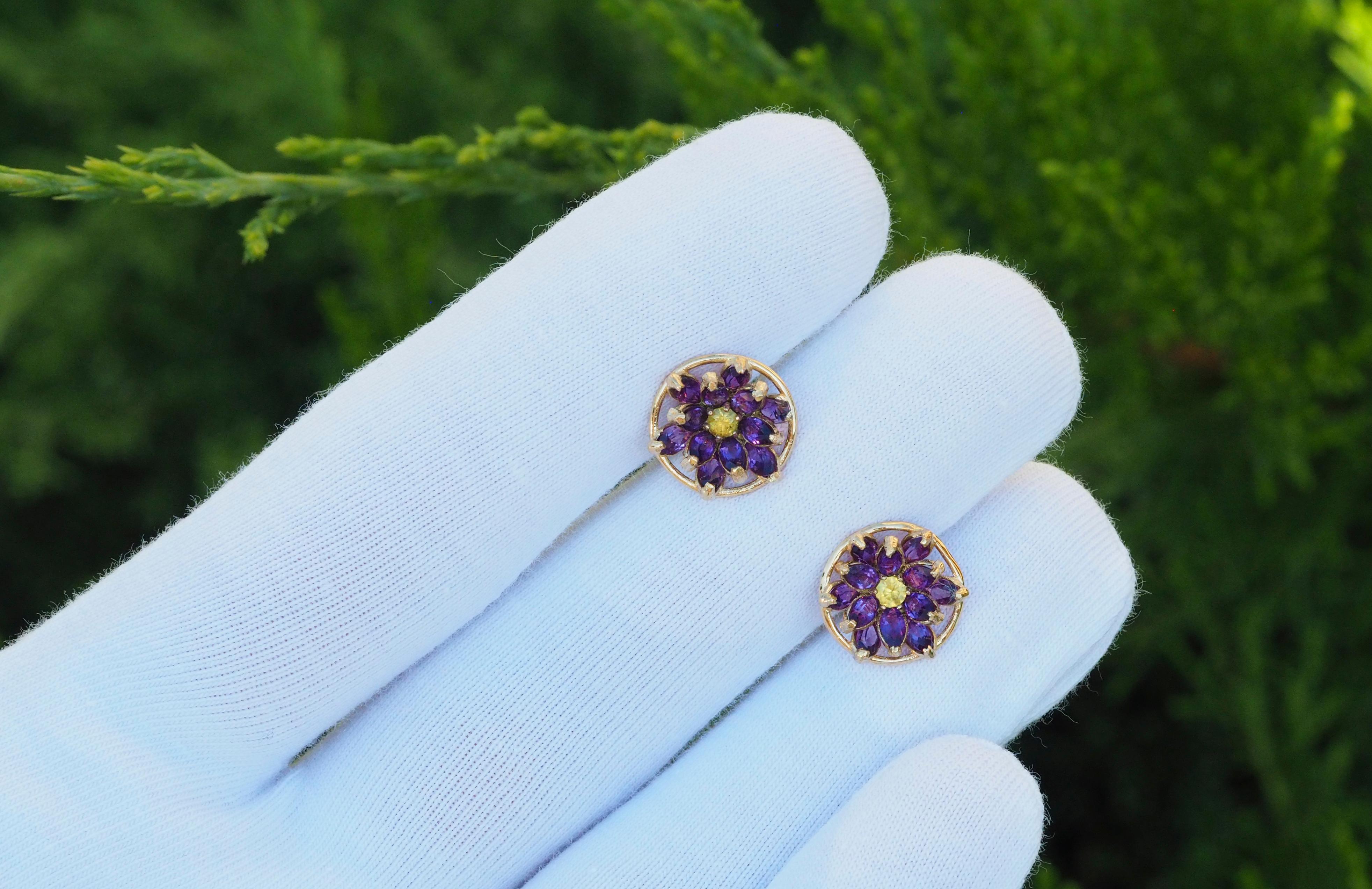 Lotus Flower Earrings Studs in 14k Gold, Amethyst and Sapphires Earrings For Sale 1