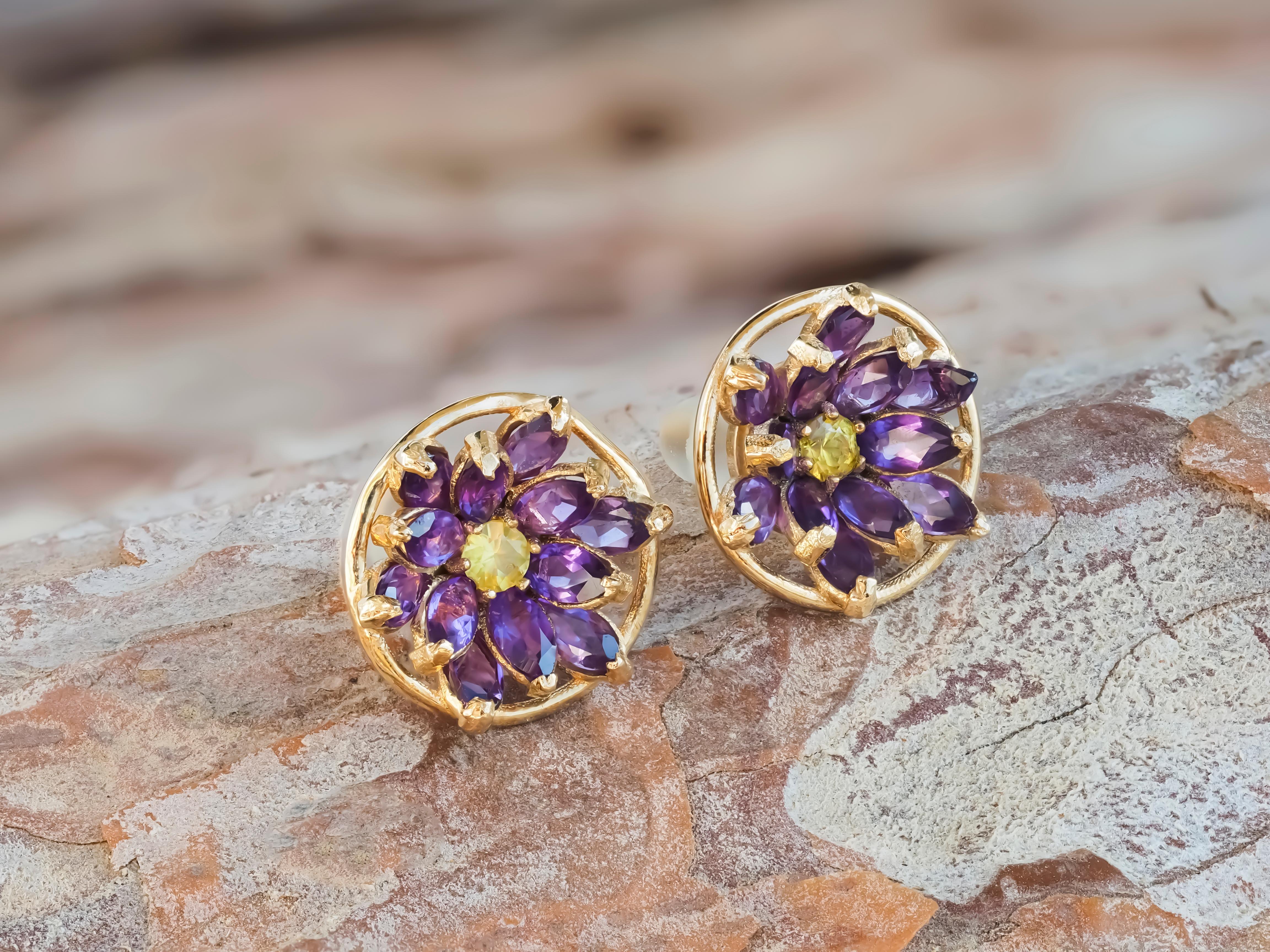Lotus Flower Earrings Studs in 14K Gold, Amethyst and Sapphires Earrings! For Sale 1
