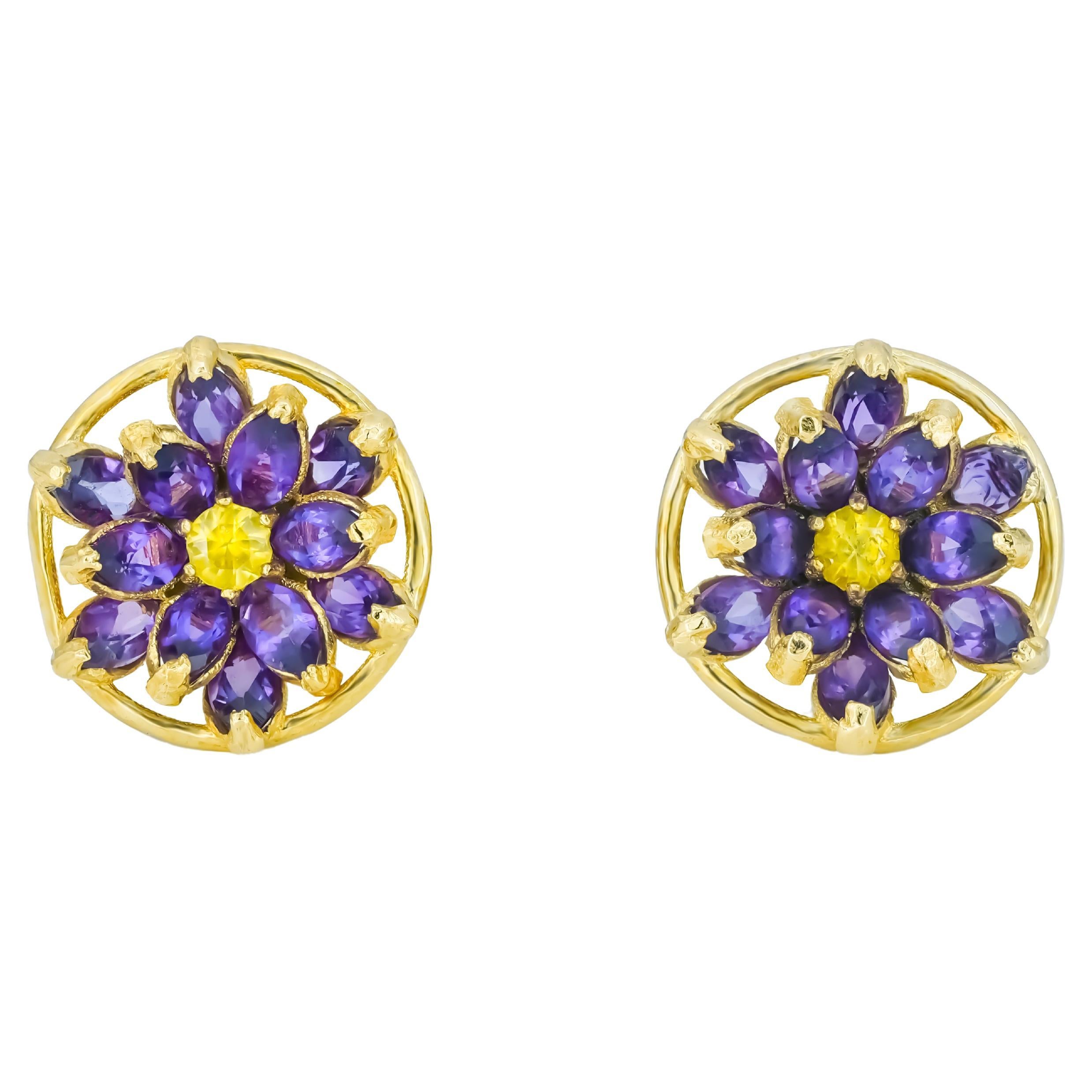 Lotus Flower Earrings Studs in 14k Gold, Amethyst and Sapphires Earrings