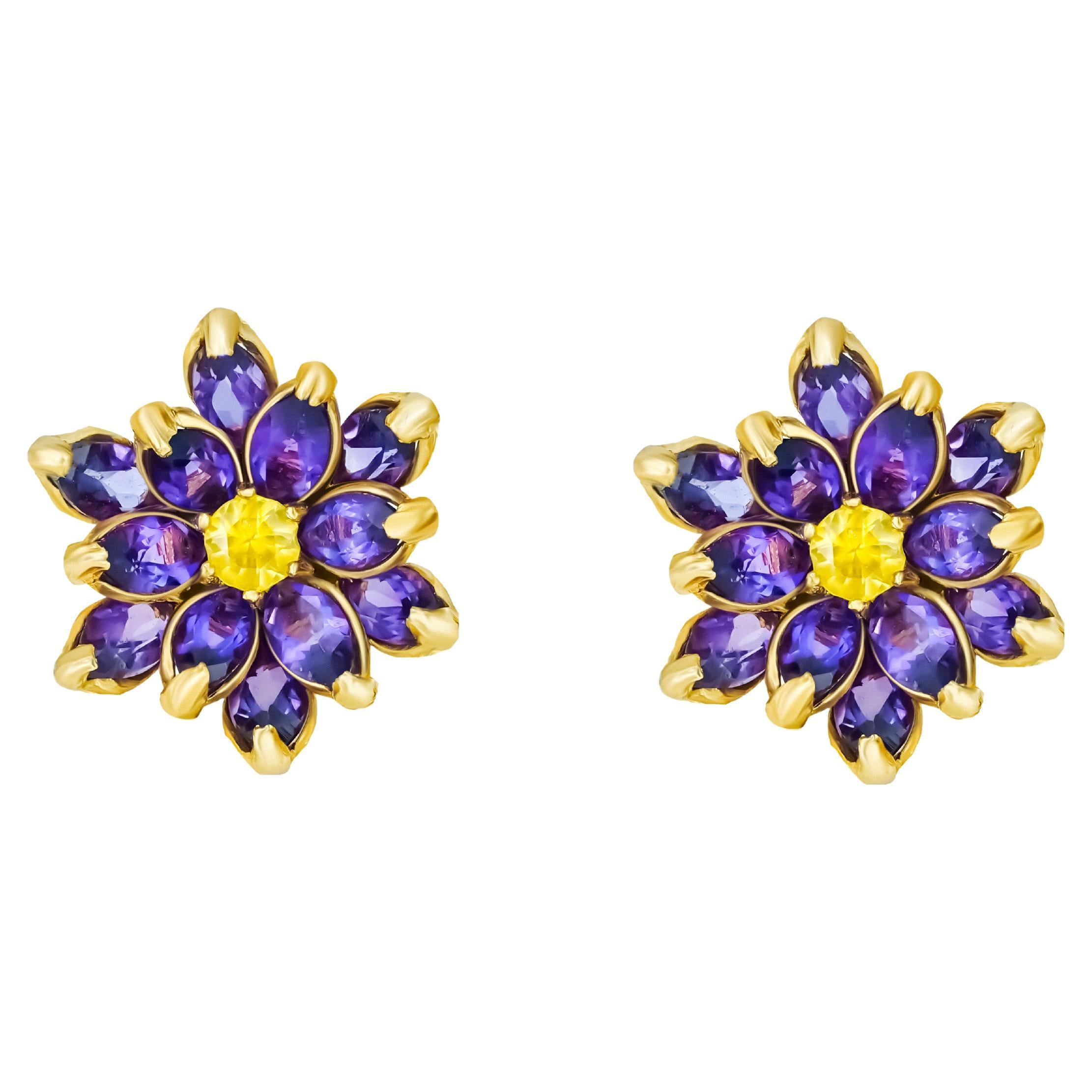 Lotus Flower Earrings Studs in 14k Gold, Amethyst and Sapphires Earrings For Sale