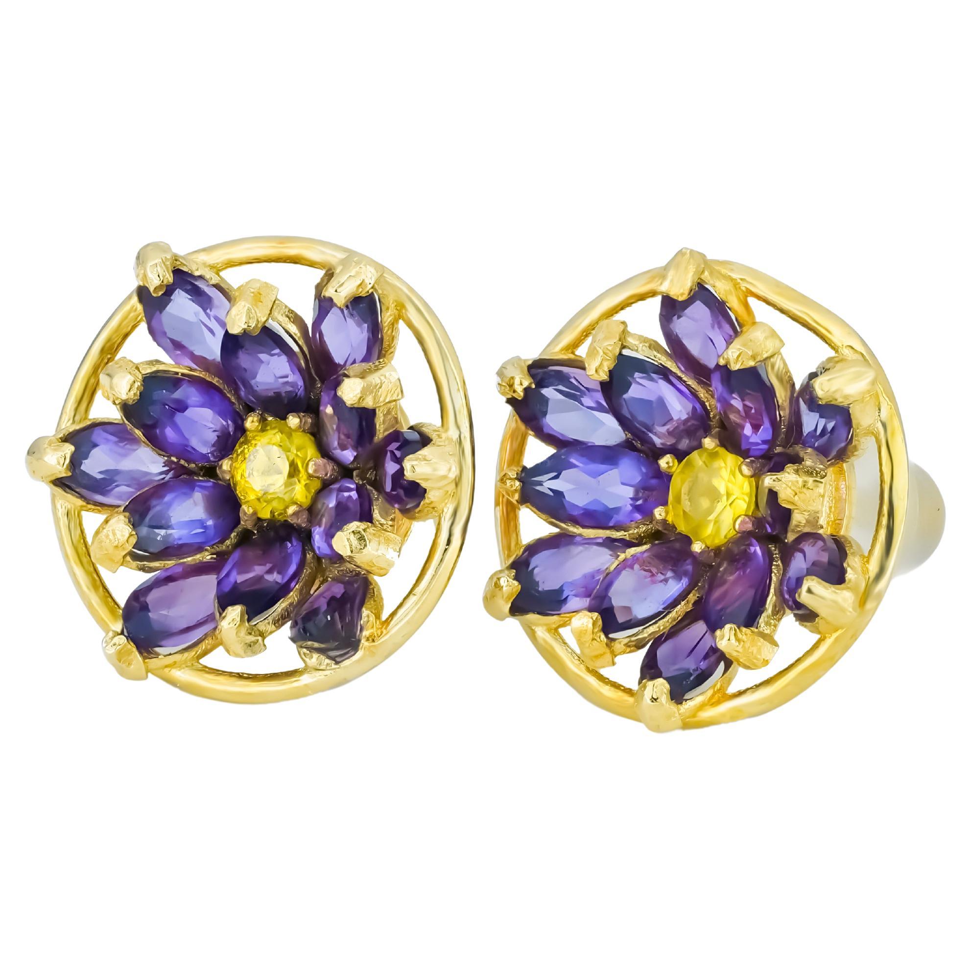 Lotus Flower Earrings Studs in 14K Gold, Amethyst and Sapphires Earrings