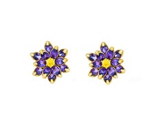 Antique Lotus Flower Earrings Studs in 14K Gold, Amethyst and Sapphires Earrings!