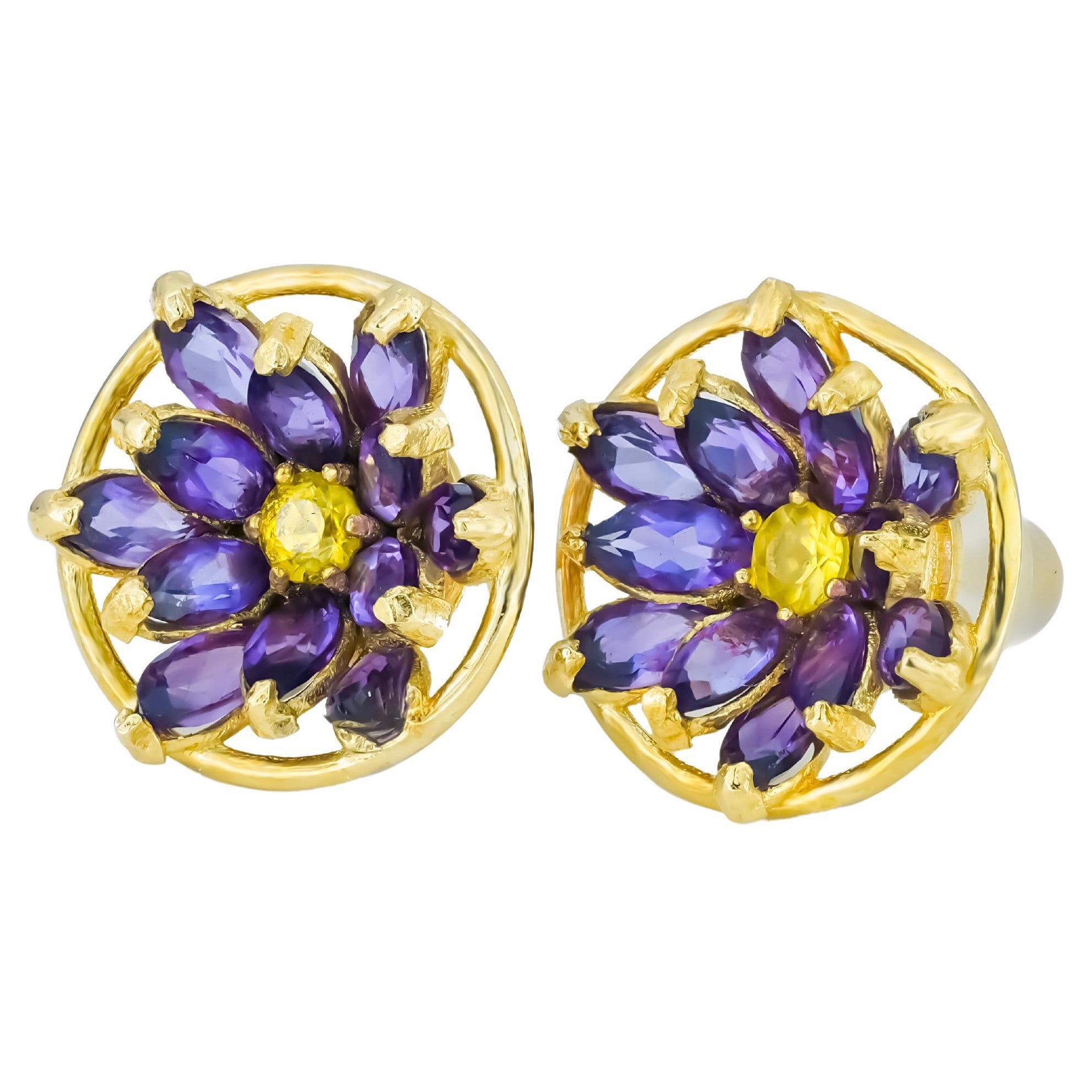 Lotus Flower Earrings Studs in 14k Gold, Amethyst and Sapphires Earrings For Sale