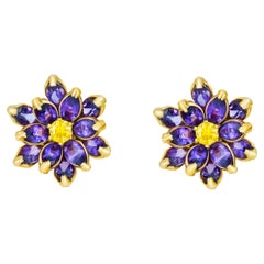 Lotus Flower Earrings Studs in 14k Gold, Amethyst and Sapphires Earrings