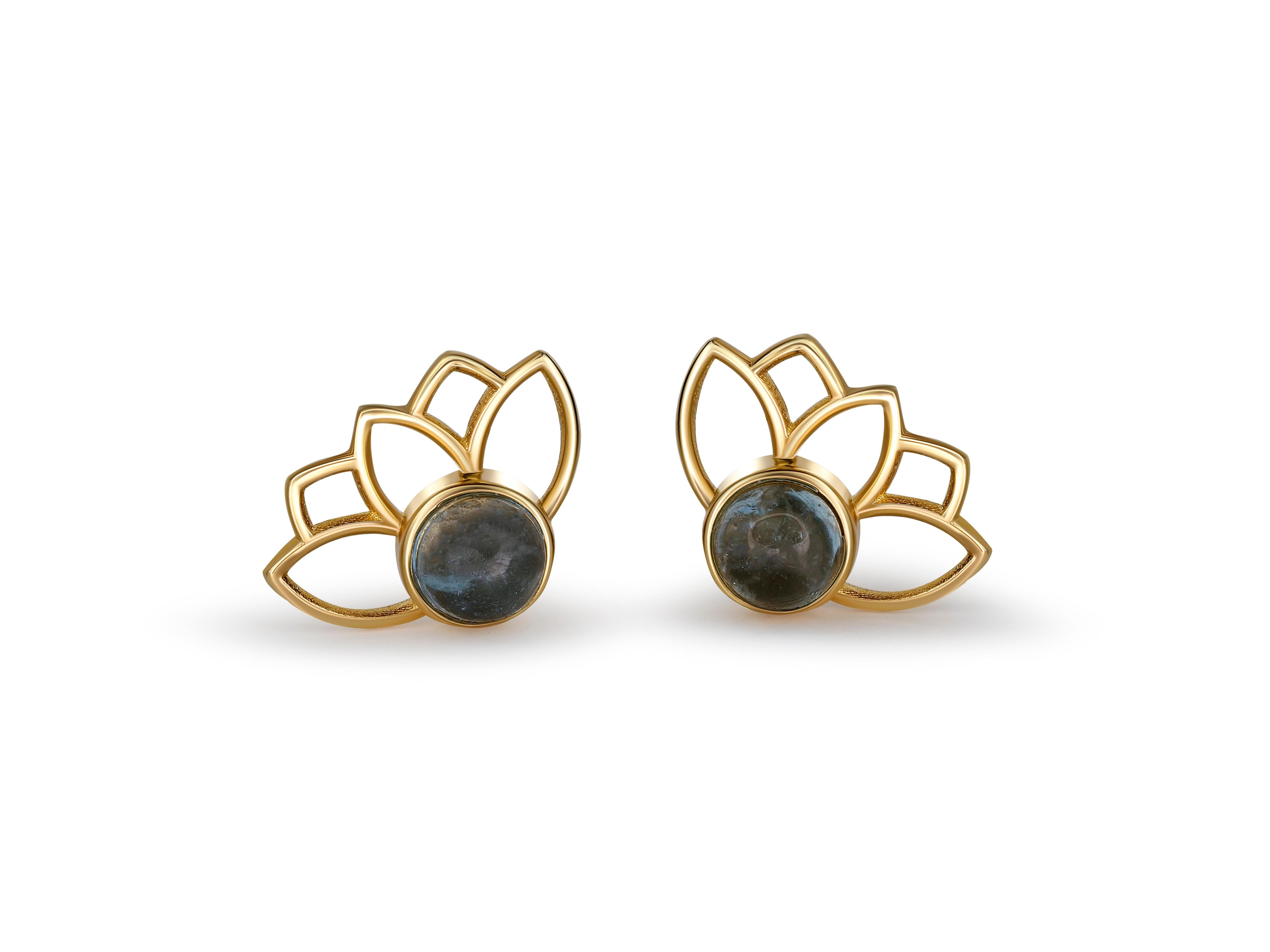 Cabochon Lotus flower earrings studs in 14k gold.  For Sale