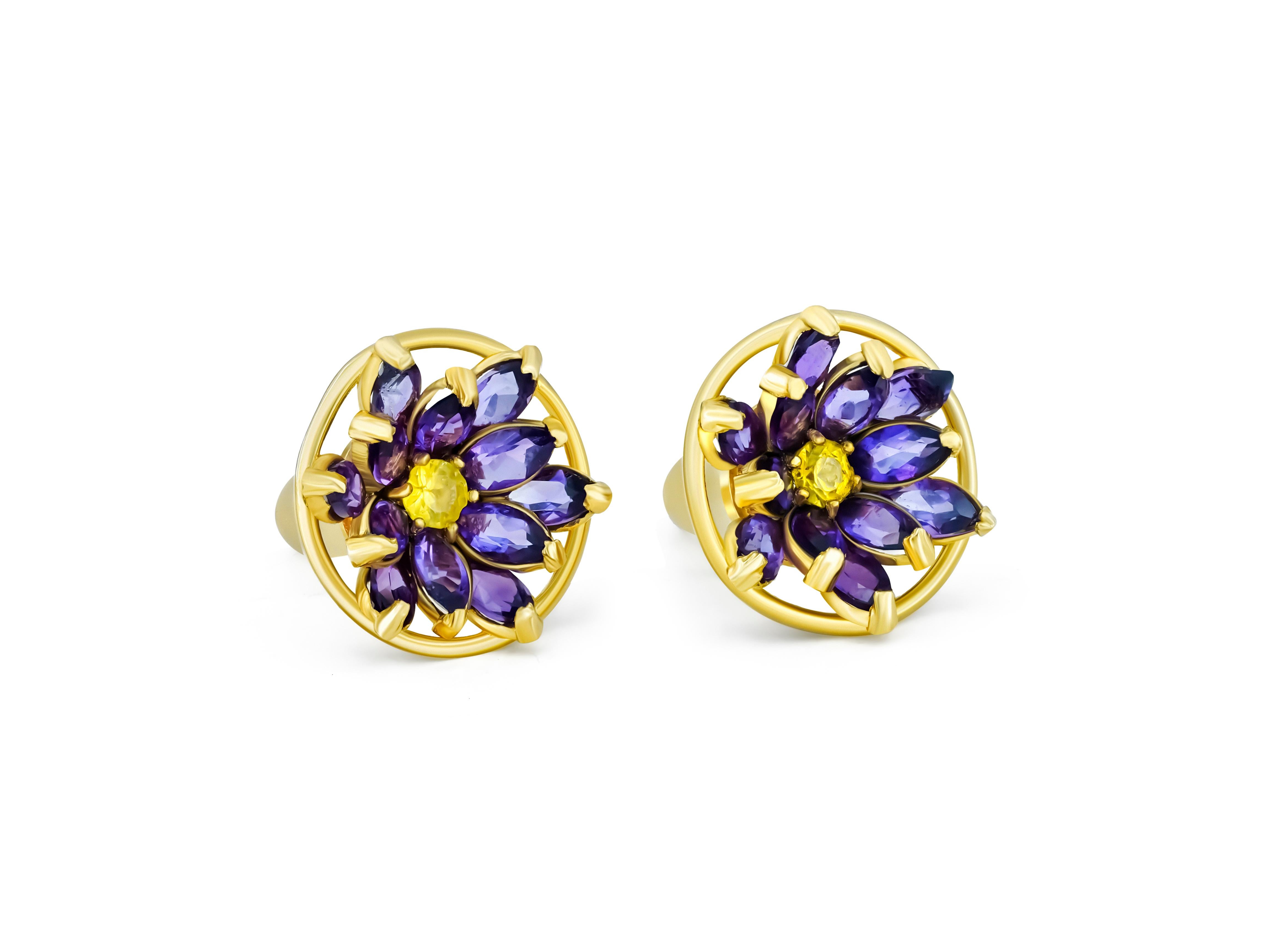 Lotus flower earrings studs in 14k gold.  For Sale 1
