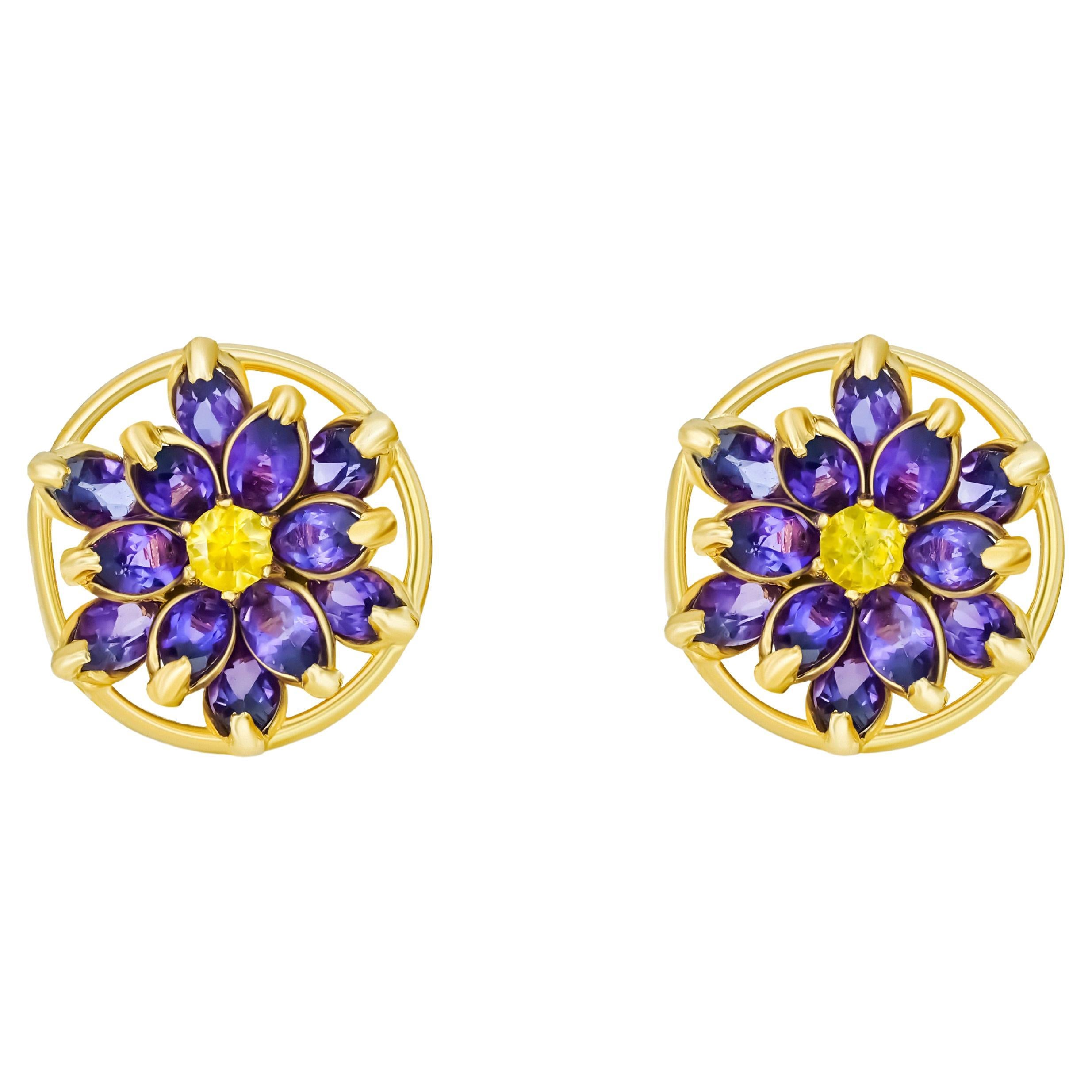 Lotus flower earrings studs in 14k gold.  For Sale