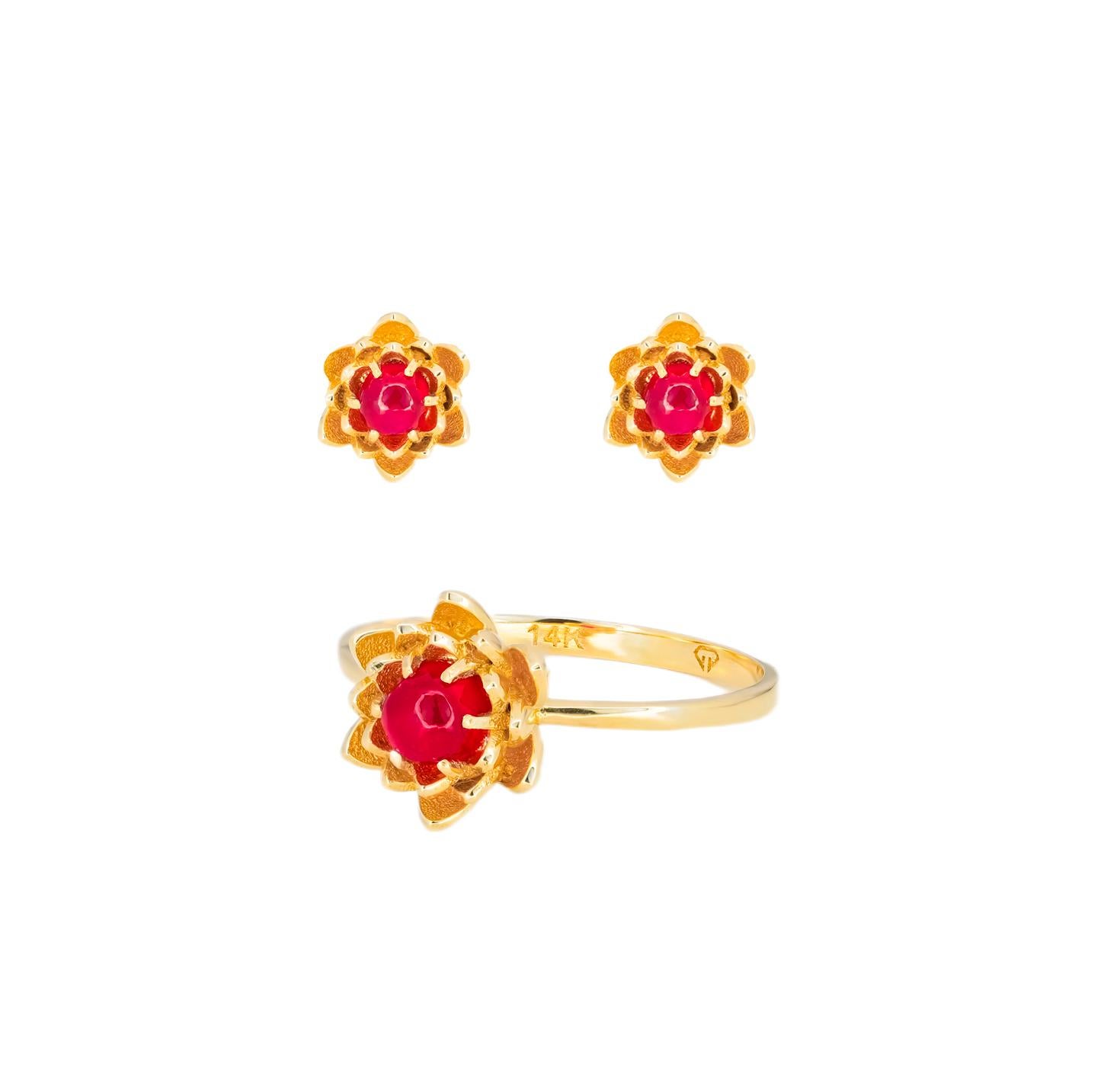 Lotus-Blumenschmuck-Set: Ring und Ohrringe aus 14k Gold.  im Angebot 6