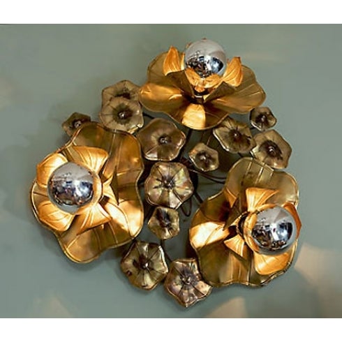 Triple Lotus Brass Flower Light for wall or ceiling For Sale