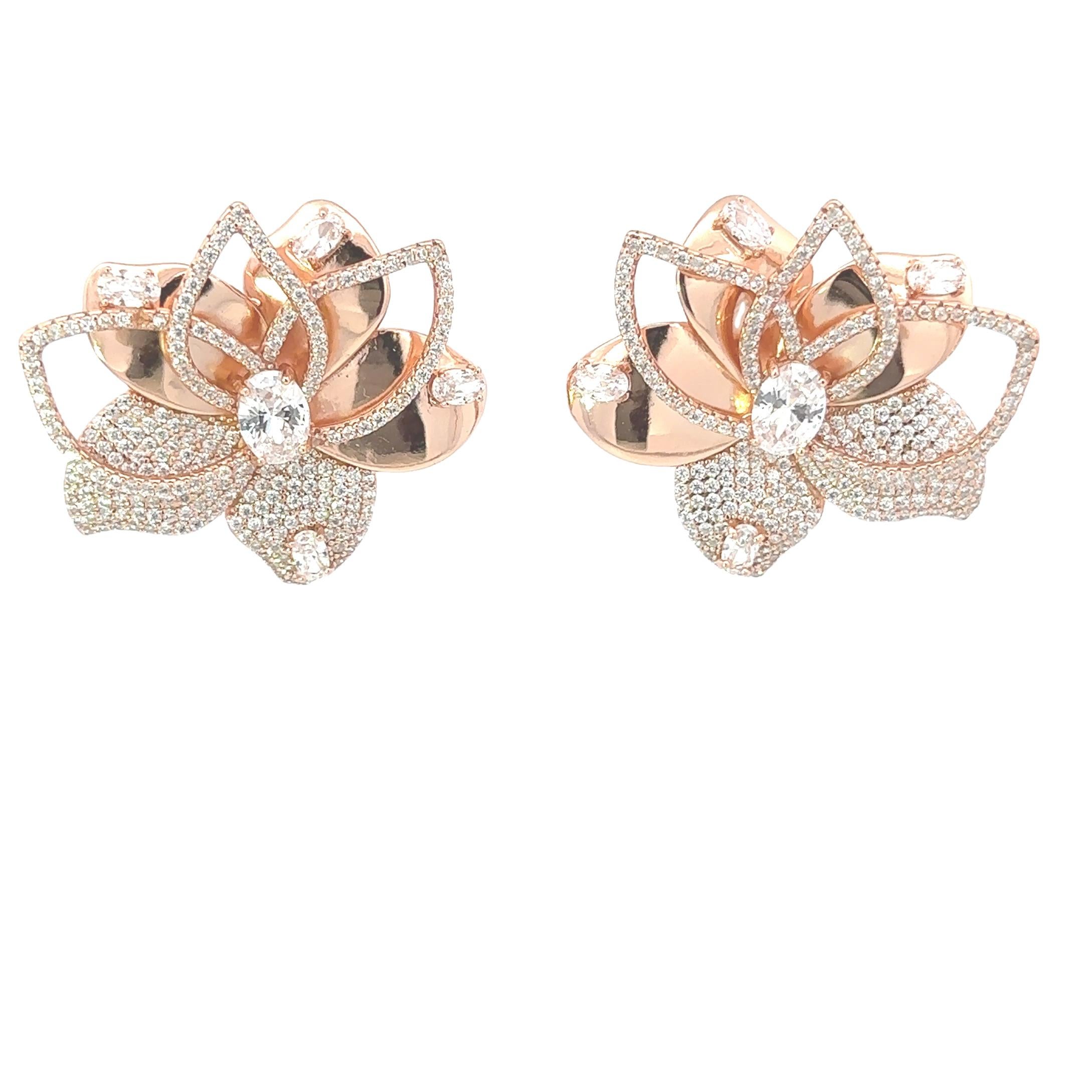Women's Lotus Flower Rhinestone Crystal Earrings in 925 Silver Studs for Mom Jewelry For Sale