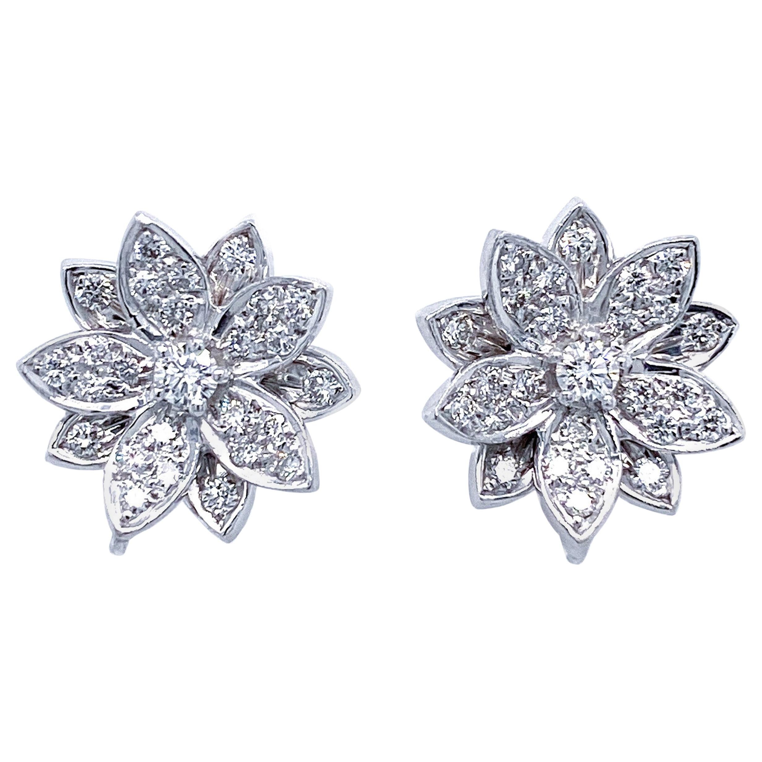 Lotus Flower Round Diamond Earrings in 18 Karat White Gold