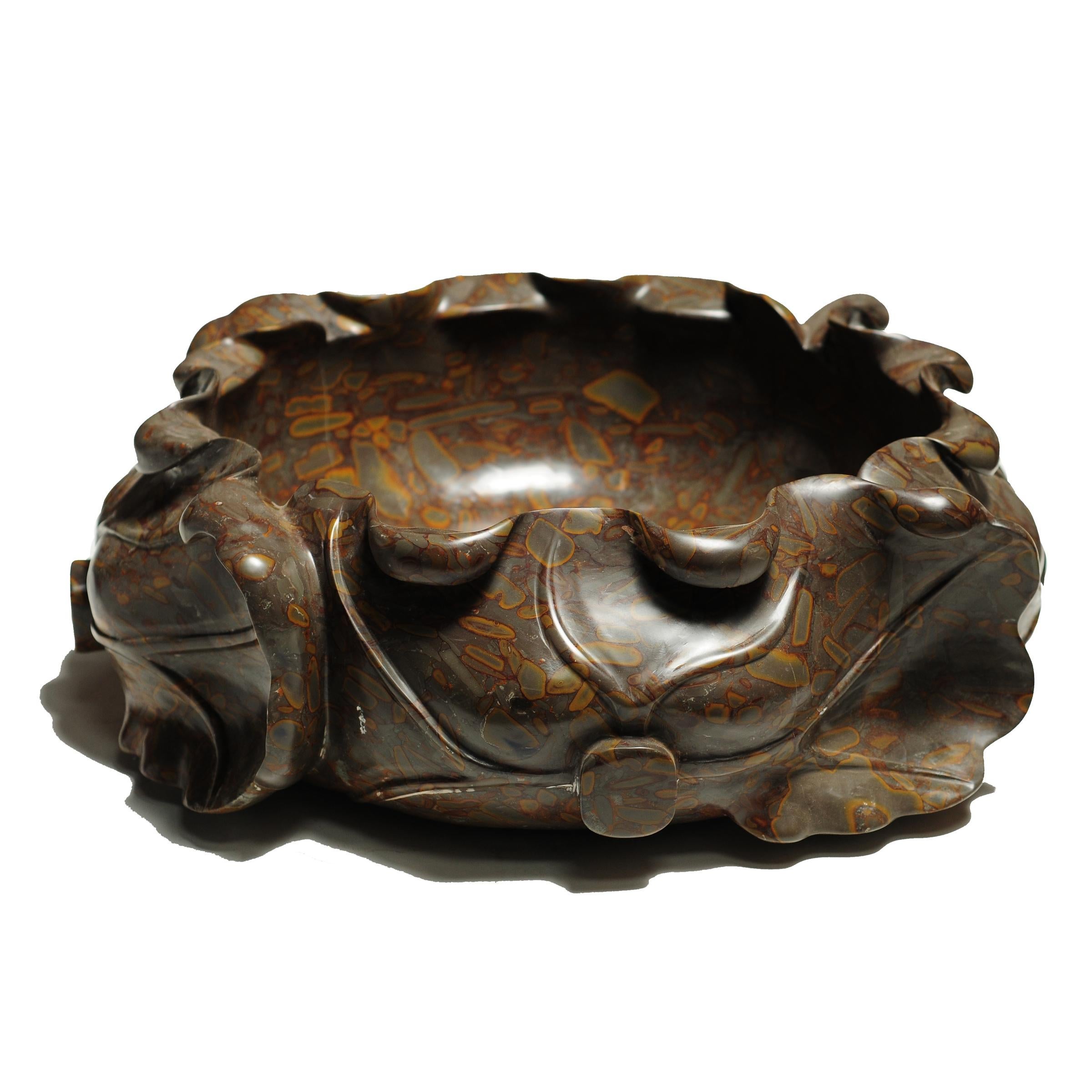 Hand-Carved Lotus Form Puddingstone Basin For Sale