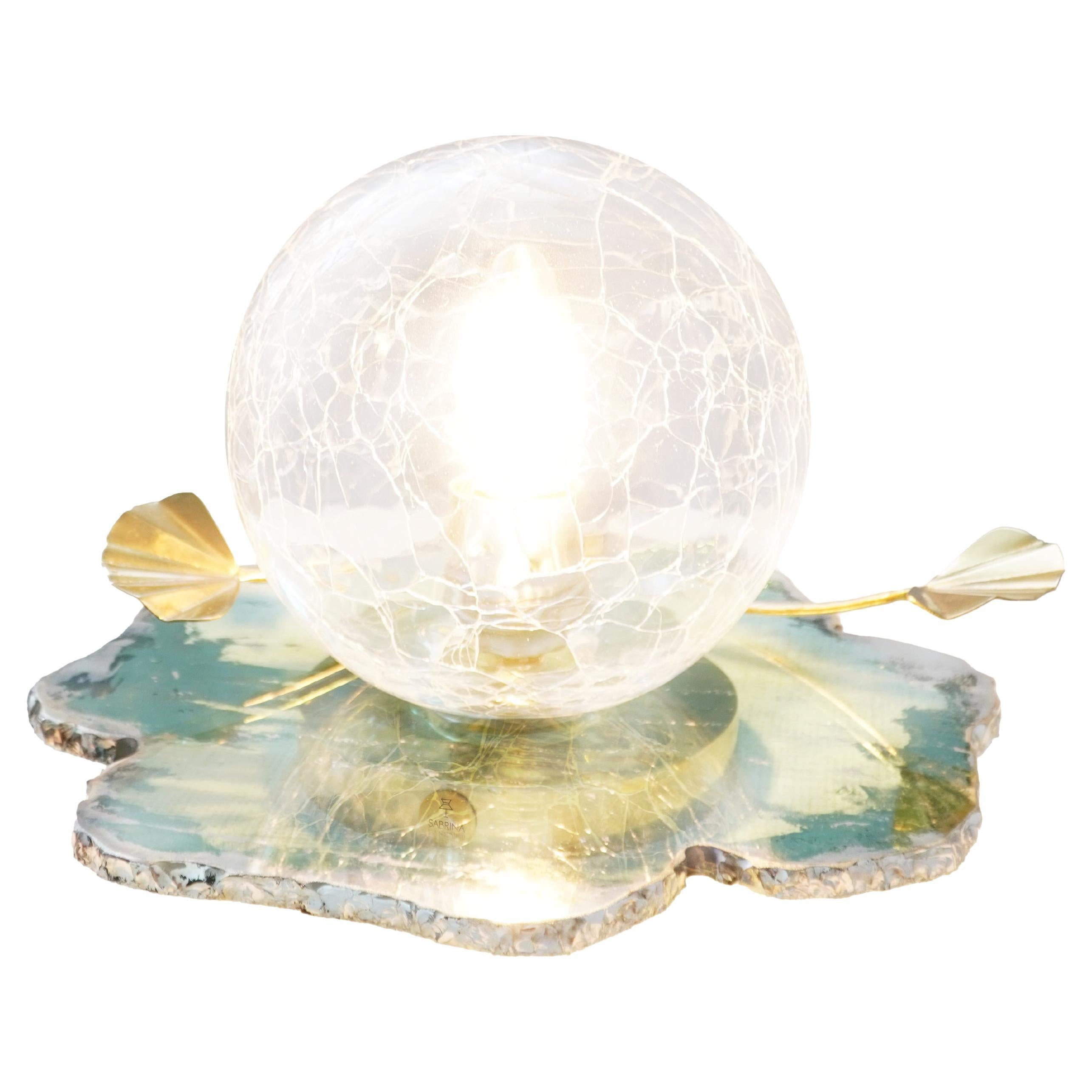 "Lotus" green clover modern Contemporary Table lamp, art Silvered Glass, brass