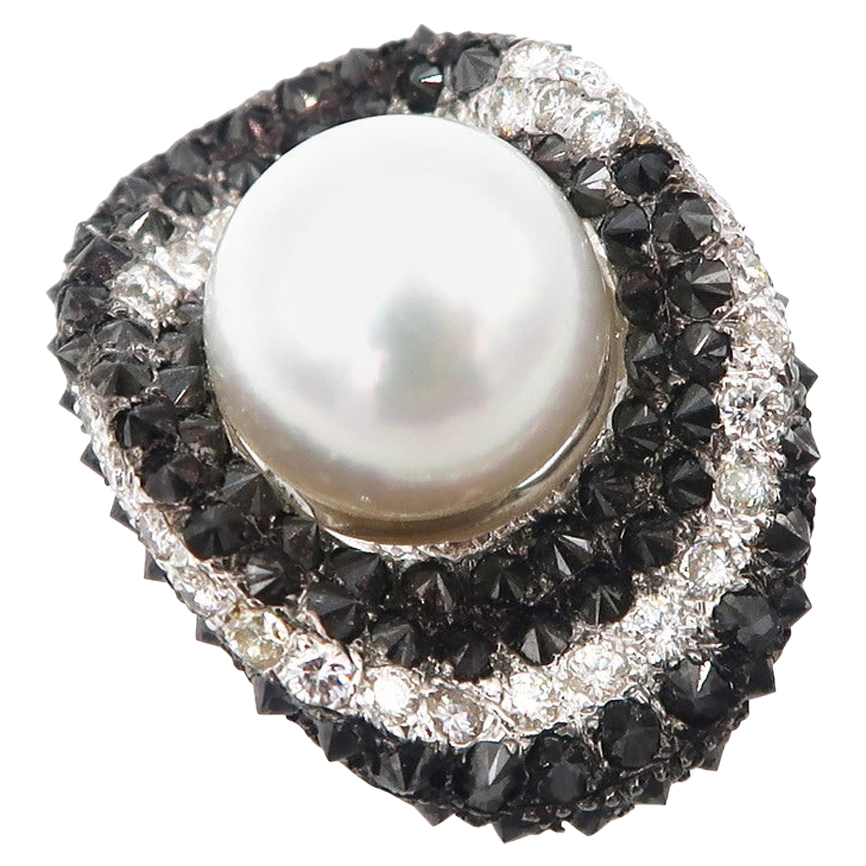 Reverse-set Black White Diamond Pavé & White South Sea Pearl 18 Karat Gold Ring For Sale