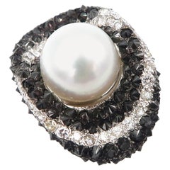 Reverse-set Black White Diamond Pavé & White South Sea Pearl 18 Karat Gold Ring