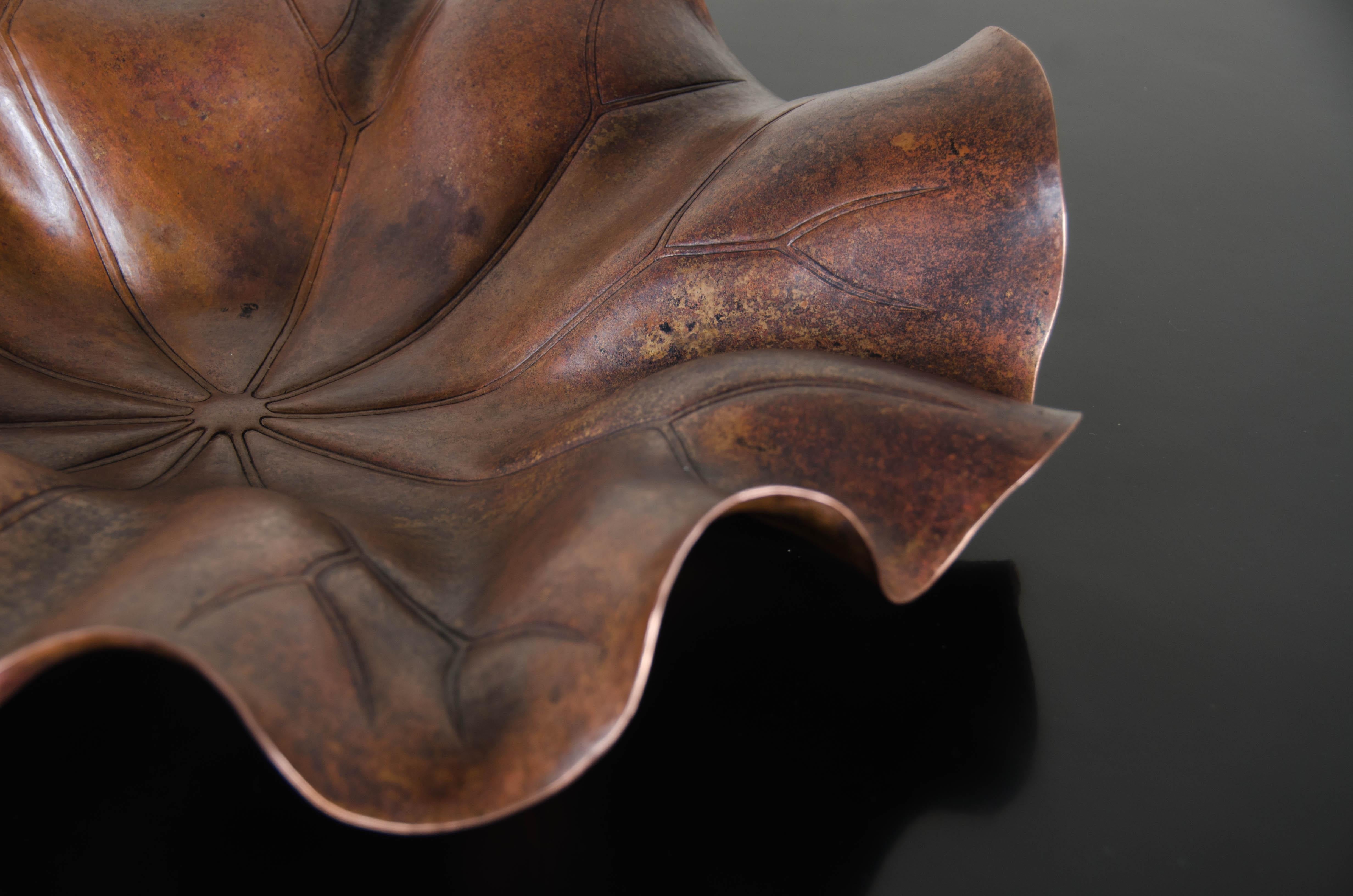 Lotus Leaf Plate, Antique Copper by Robert Kuo, Hand Repoussé, Limited Edition In New Condition For Sale In Los Angeles, CA
