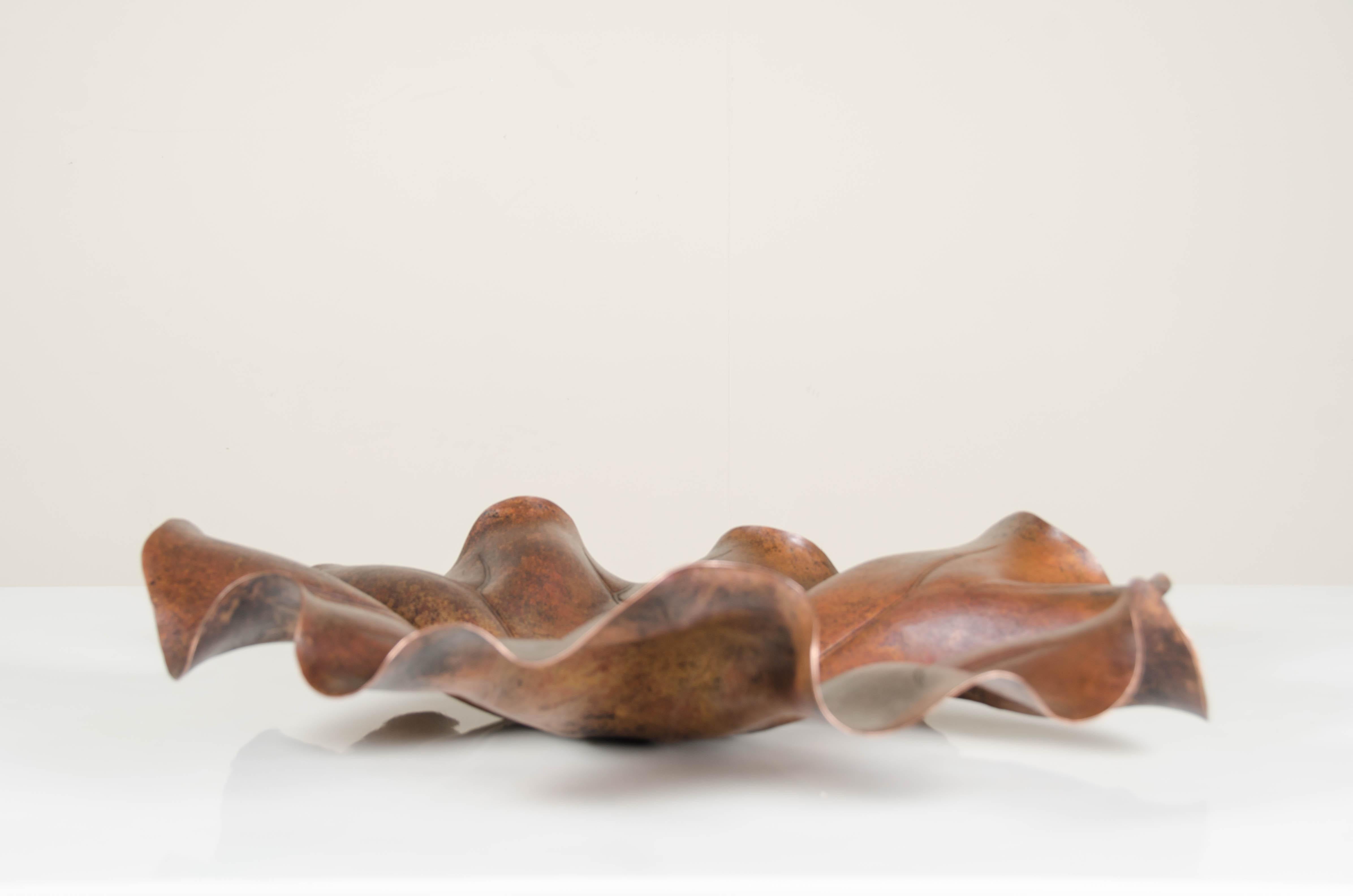 Contemporary Lotus Leaf Plate, Antique Copper by Robert Kuo, Hand Repoussé, Limited Edition For Sale
