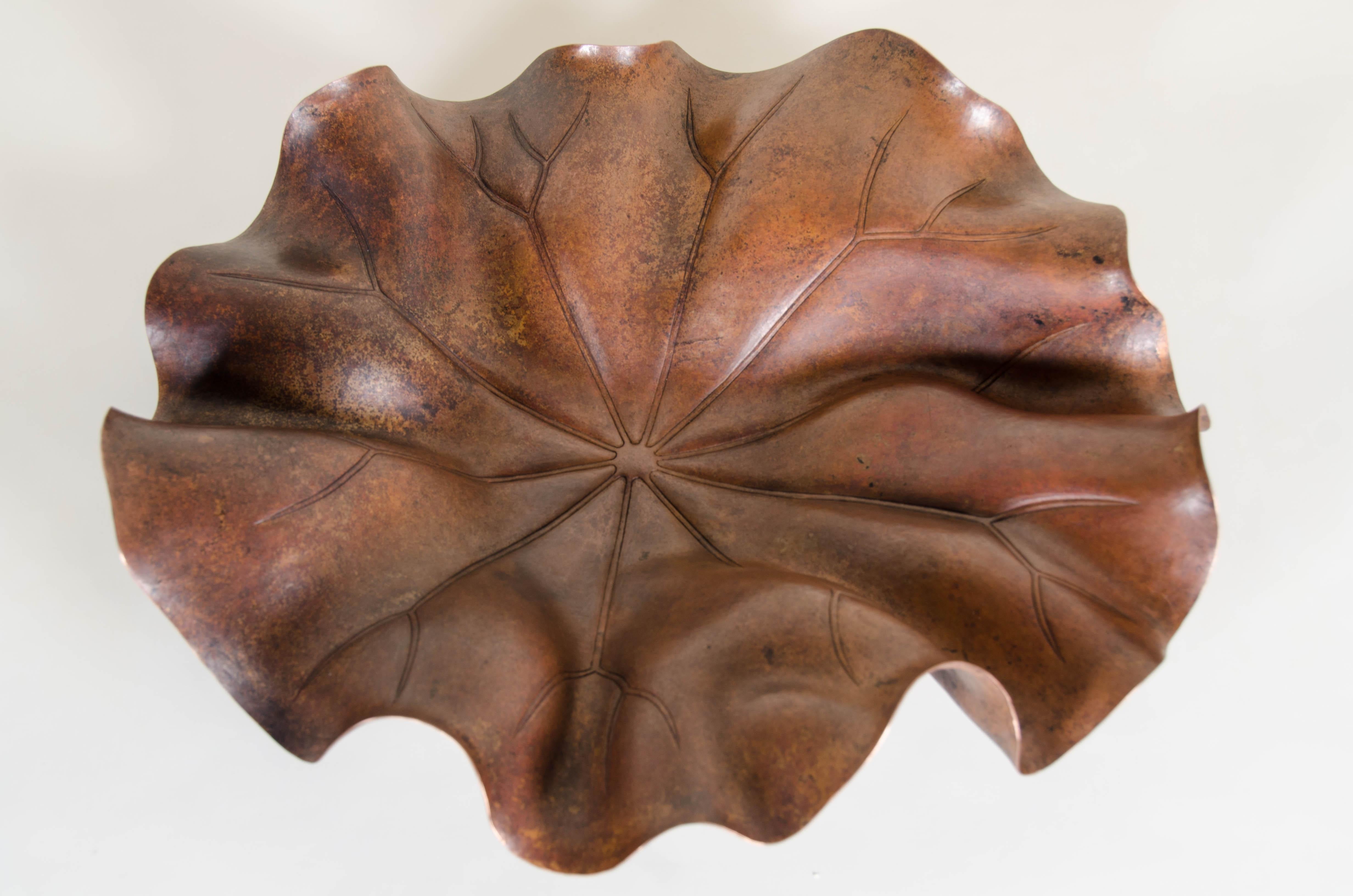 Contemporary Lotus Leaf Plate, Antique Copper by Robert Kuo, Hand Repoussé, Limited Edition For Sale