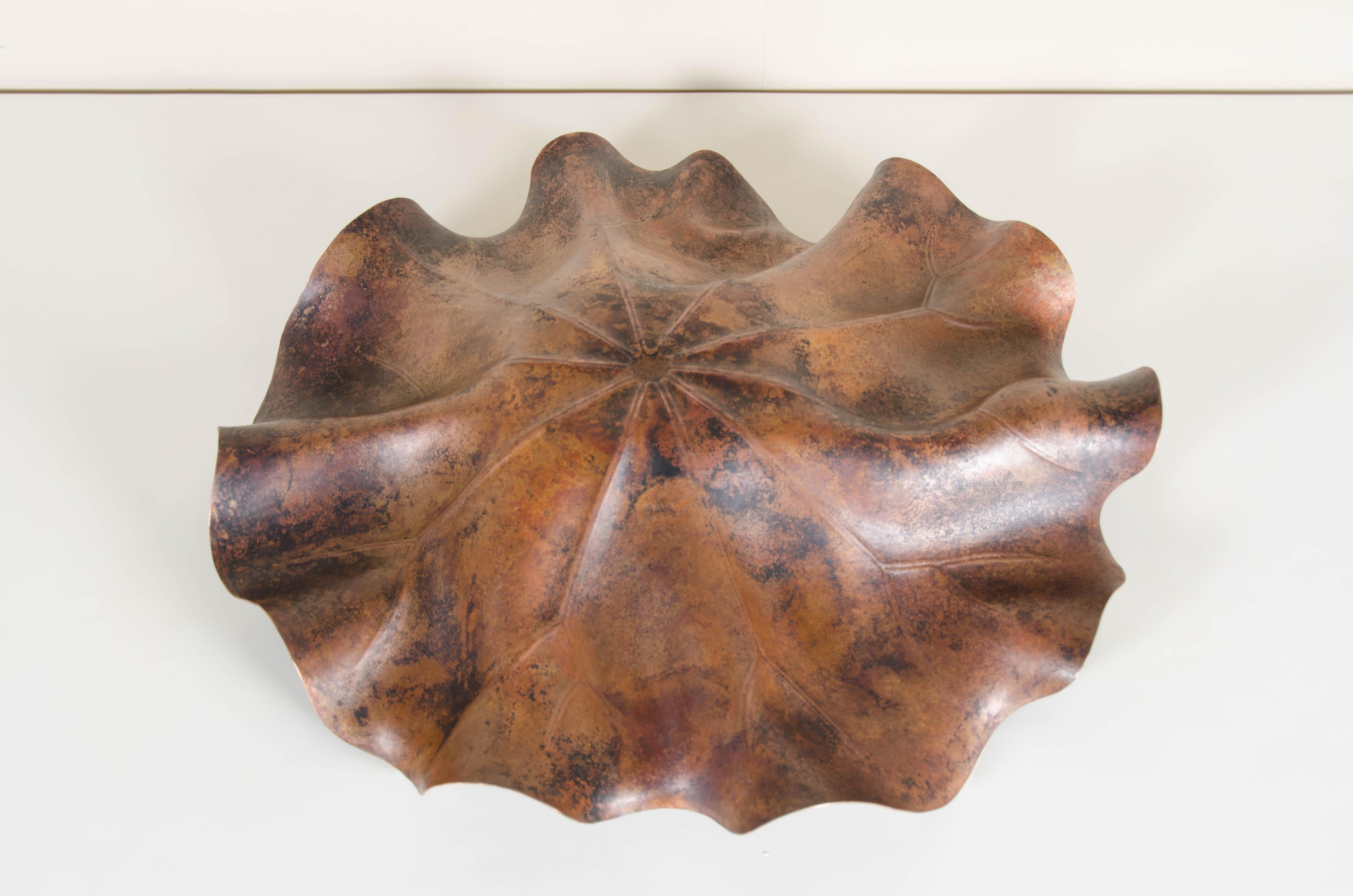 Lotus Leaf Plate, Antique Copper by Robert Kuo, Hand Repoussé, Limited Edition For Sale 1