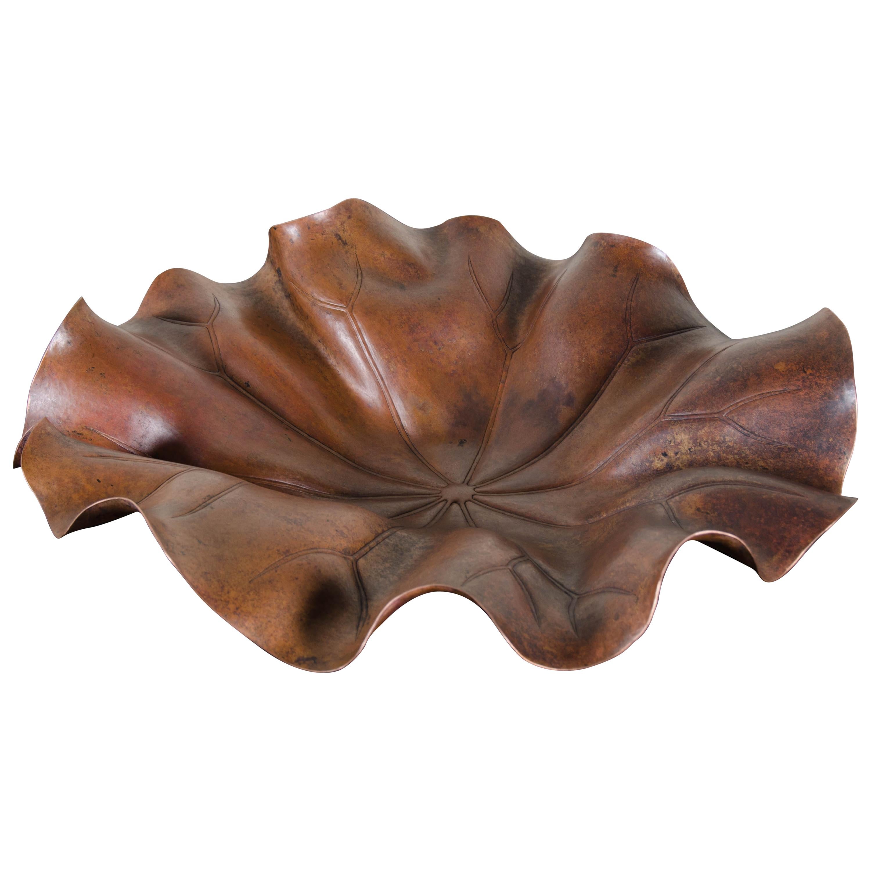 Lotus Leaf Plate, Antique Copper by Robert Kuo, Hand Repoussé, Limited Edition For Sale