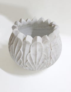 Lotus Marble Planter (17" dia), Hand-Carved Outdoor Garden Pot
