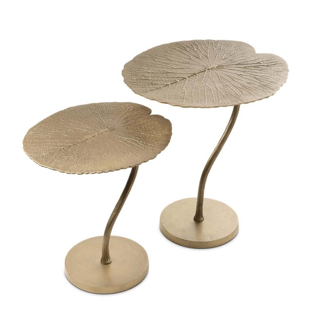 Side Table Lotus Old Gold Set of 2 with aluminium
table tops in old gold finish and with iron feet in 
antique brass finish.