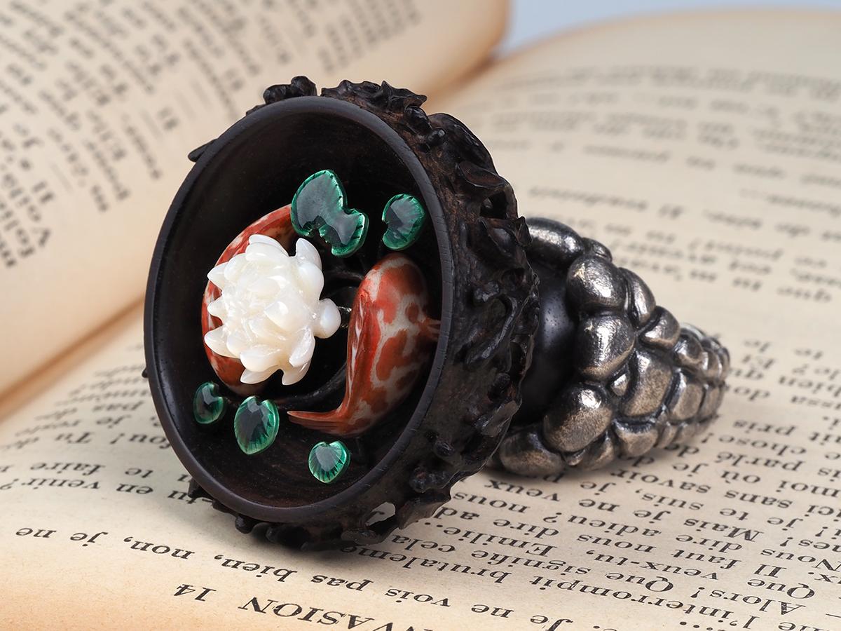 Lotus Pond Ring Carved Black Wood Nacre Silver Enamel Big Ring Collectible Piece For Sale 3