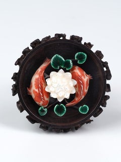 Lotus Pond Ring Carved Black Wood Nacre Silver Enamel Big Ring Collectible Piece