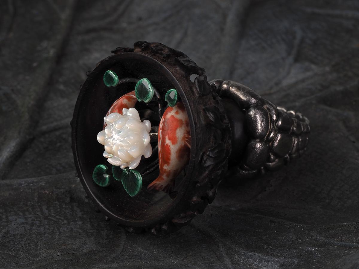 Women's or Men's Lotus Pond Ring Carved Black Wood Nacre Silver Enamel Big Ring Collectible Piece For Sale