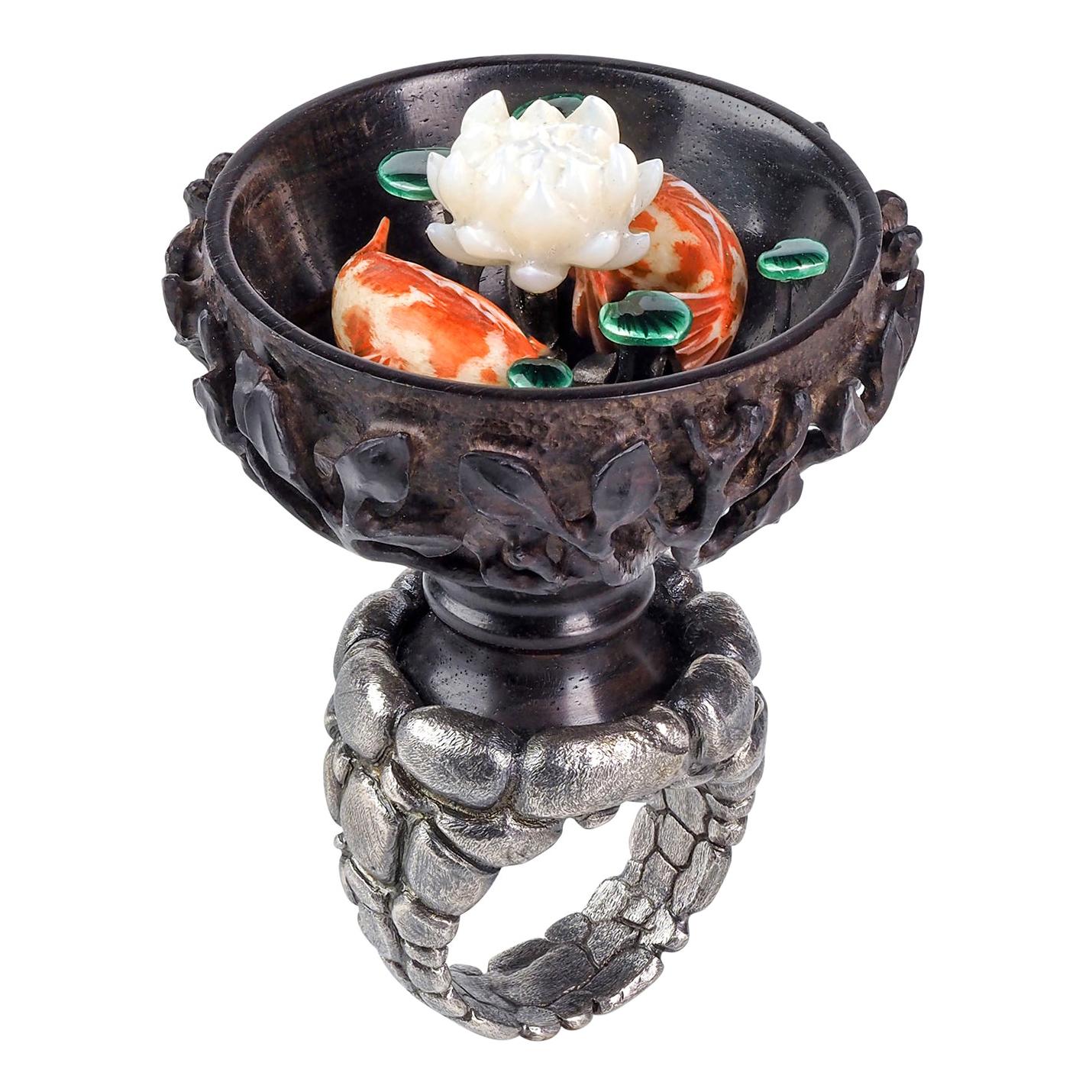 Lotus Pond Ring Carved Black Wood Nacre Silver Enamel Big Ring Collectible Piece For Sale