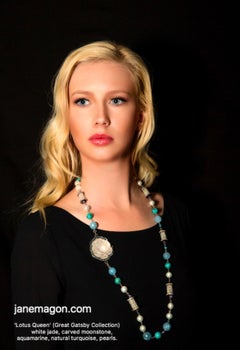 Lotus Queen Necklace with Carved Moonstone, Pearl, White Jade, Aqua, in Silver