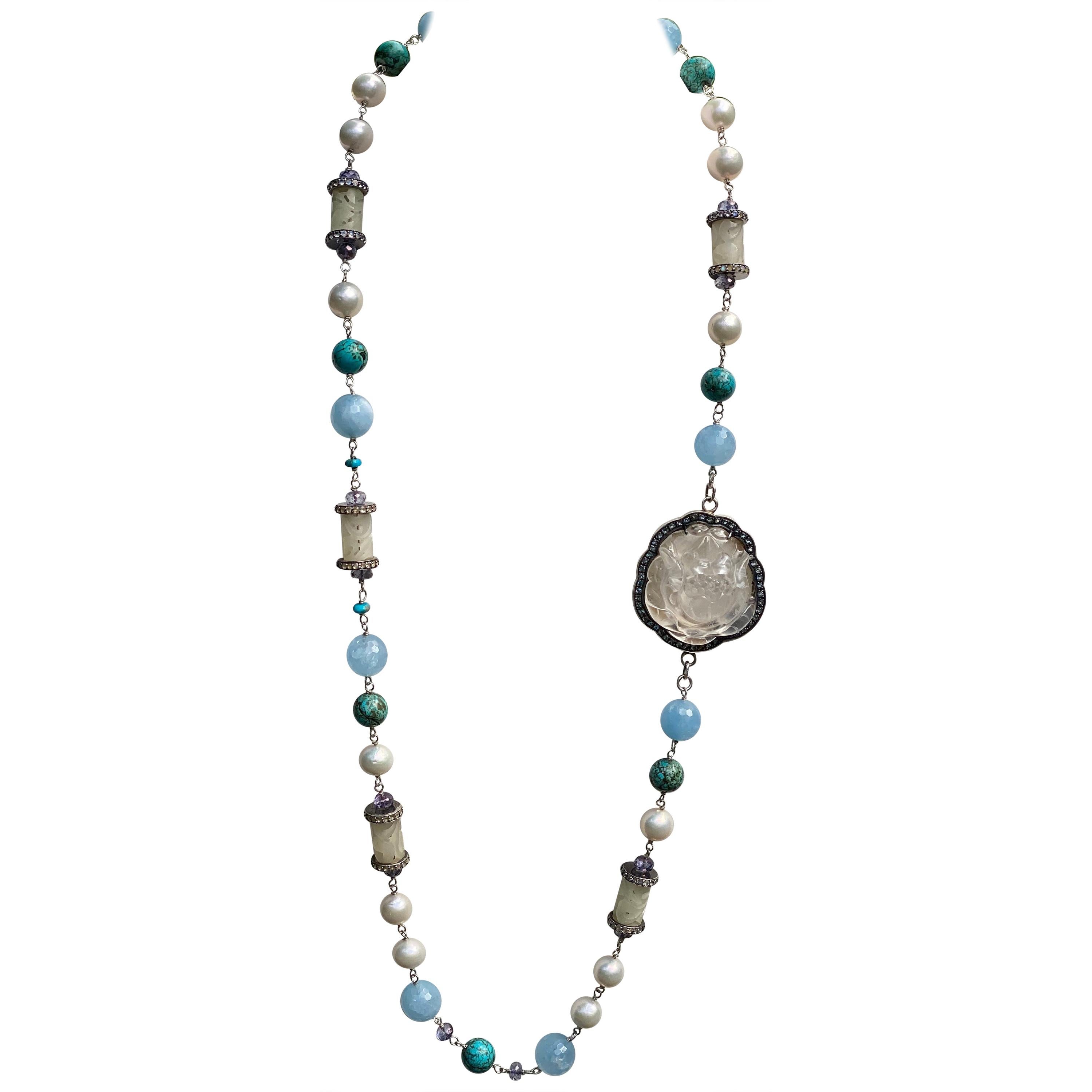 Lotus Queen Necklace with Carved Moonstone, Pearl, White Jade, Aqua, in Silver For Sale