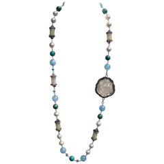 Lotus Queen Necklace with Carved Moonstone, Pearl, White Jade, Aqua, in Silver