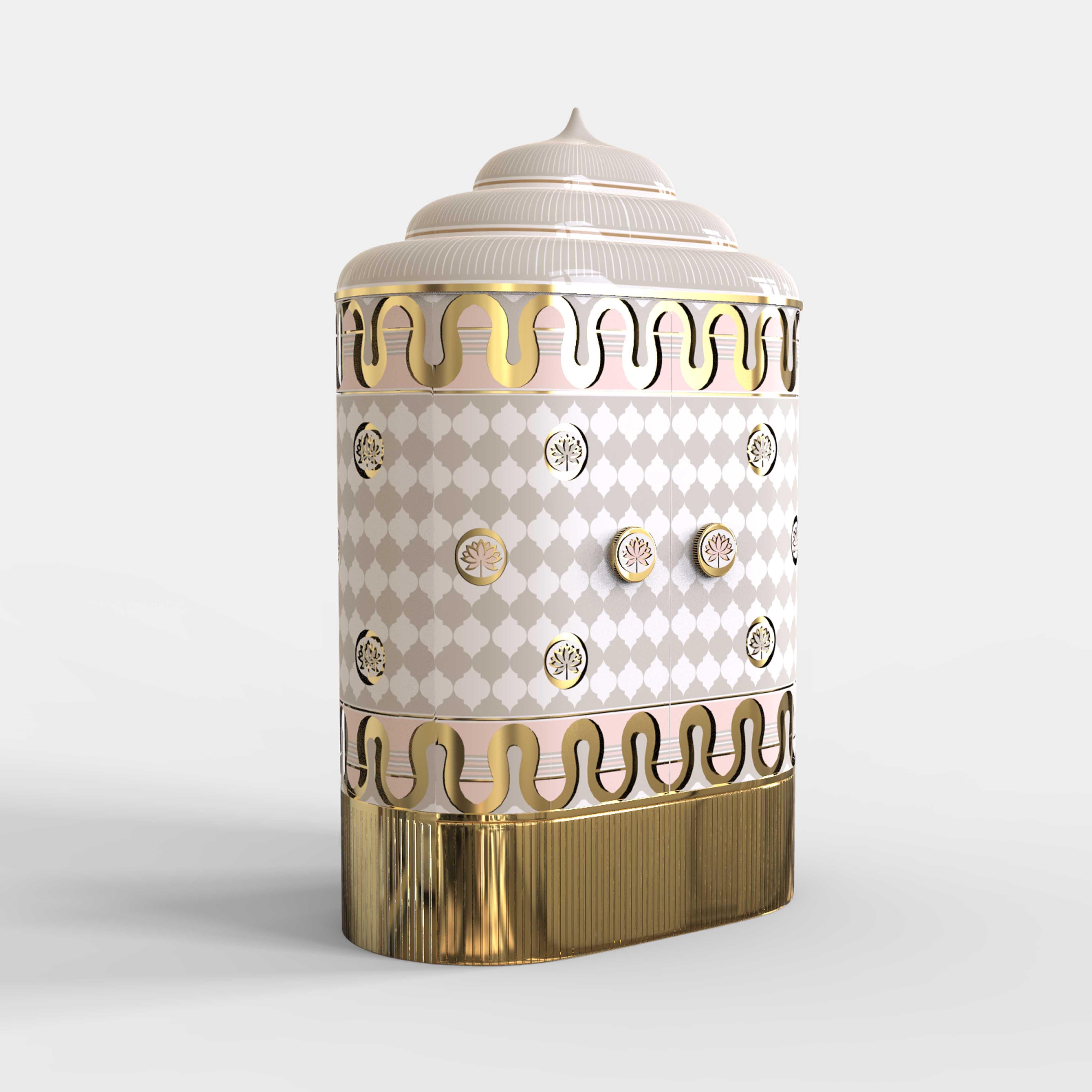 Lotus Sanctum Weiß-goldener Aufbewahrungsschrank mit Messingintarsien von Matteo Cibic (Moderne) im Angebot