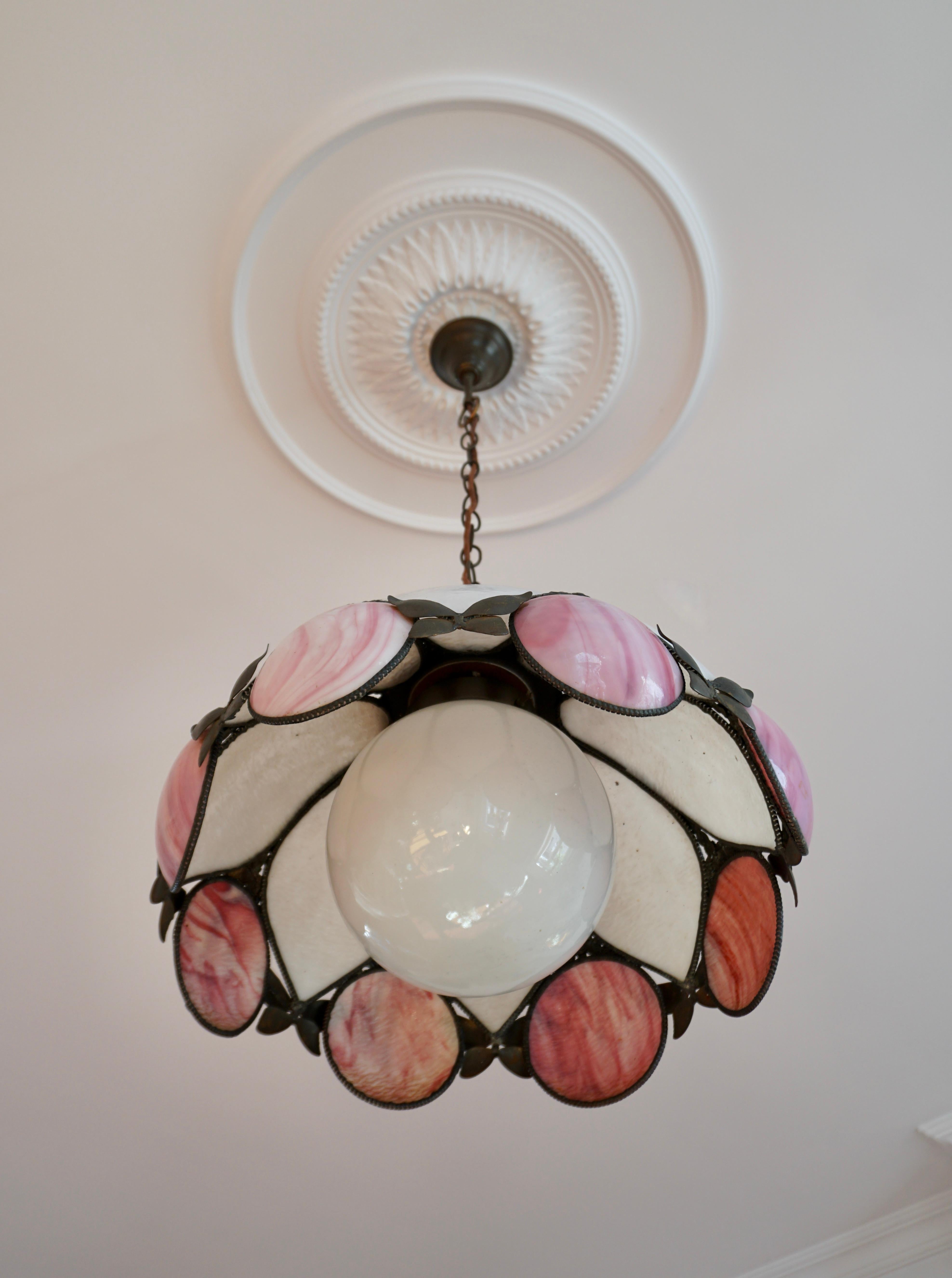 Hollywood Regency Lotus Shaped Leaded Glass Light Fixture For Sale