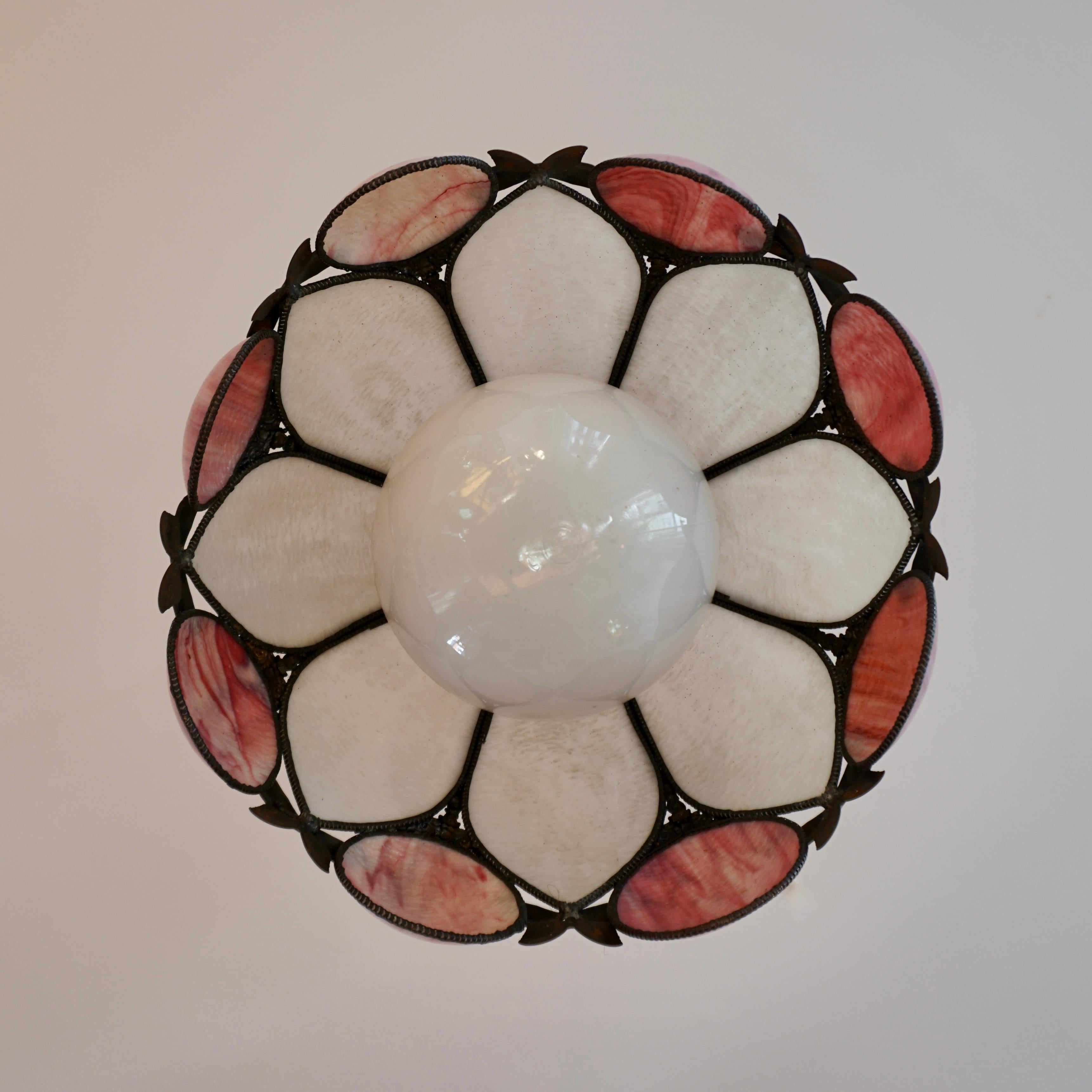 20th Century Lotus Shaped Leaded Glass Light Fixture For Sale