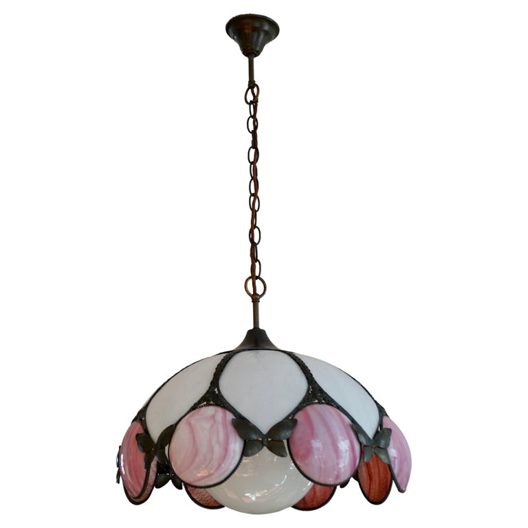 Lotus Shaped Leaded Glass Light Fixture For Sale