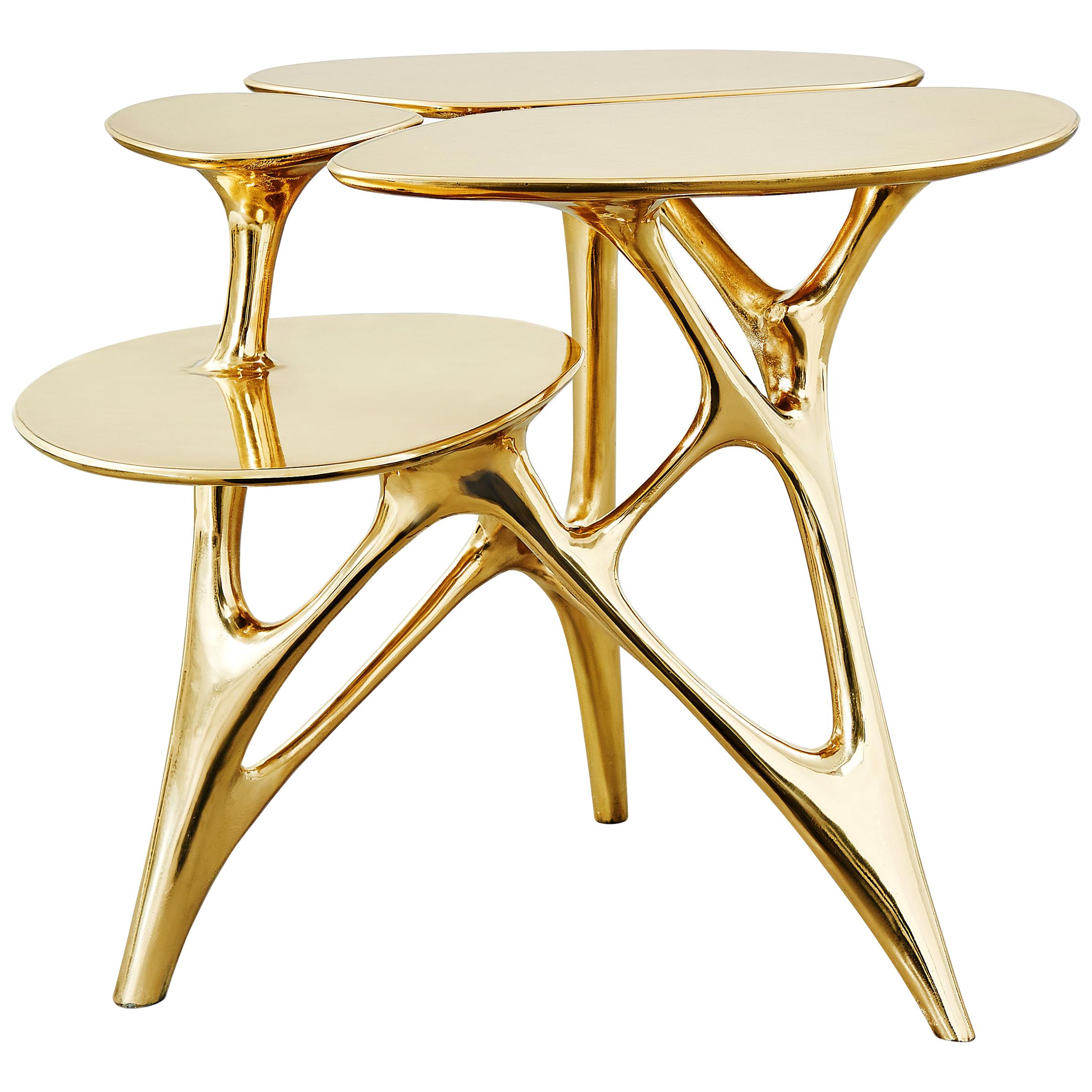 Lotus Side Table End Table Polished or Matte Brass Gold Customizable For Sale