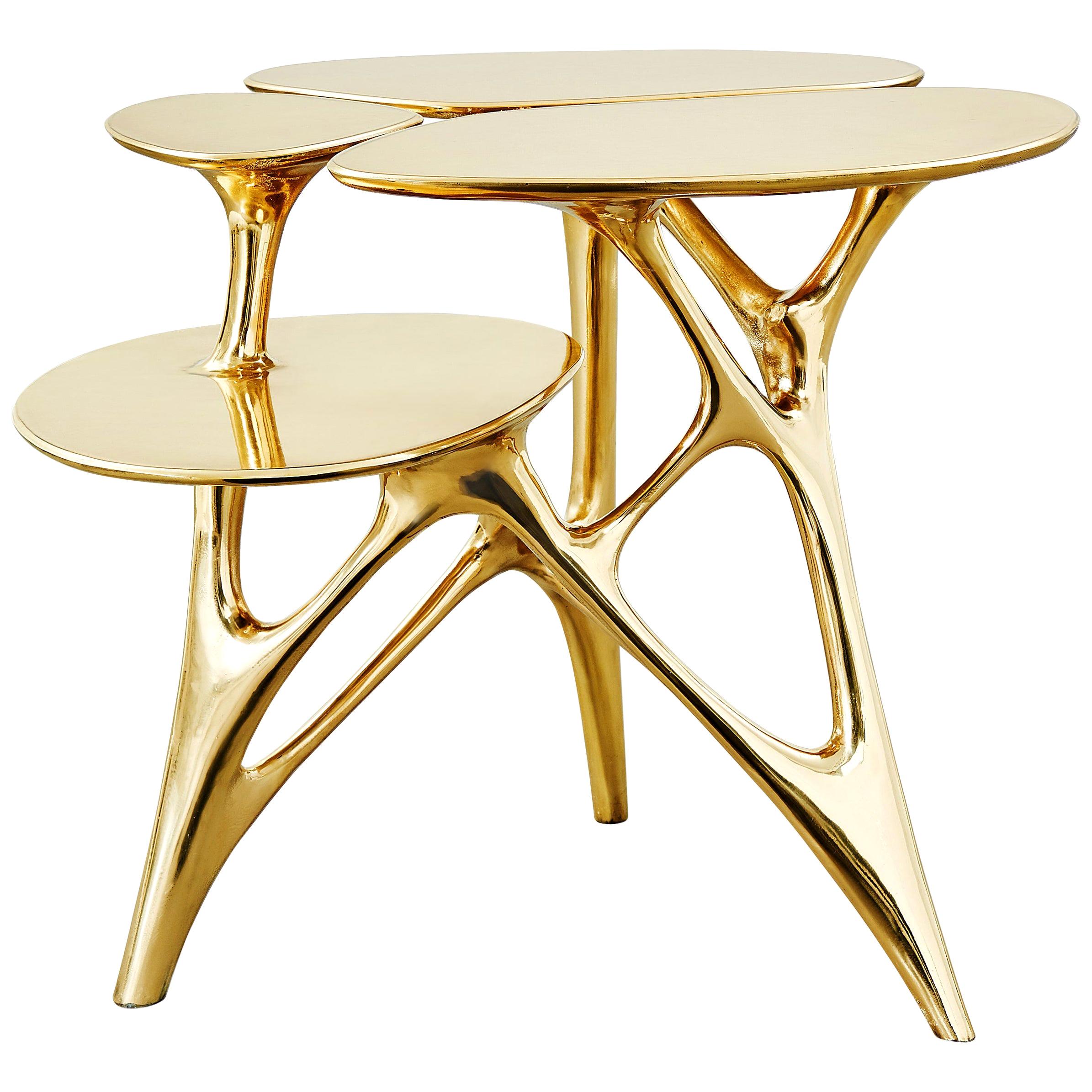 Lotus Side Table End Table Polished or Matte Brass Gold Customizable For Sale